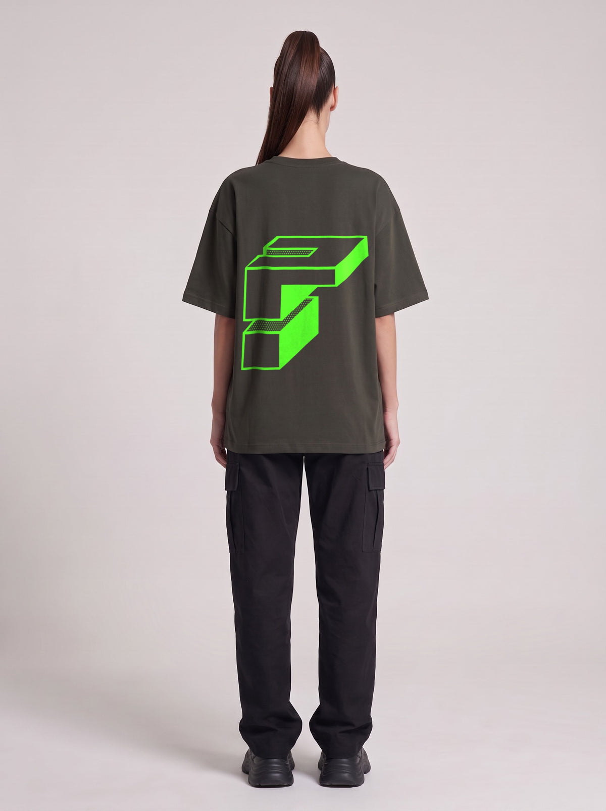Monolith Neon — Drop Shoulder T-Shirt in Dark Gray, back, worn by female model
