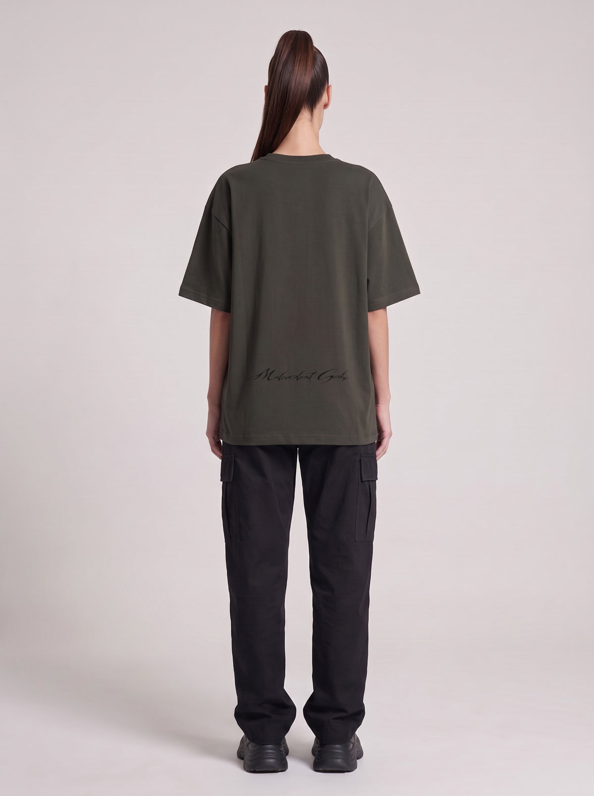 Monolith — Drop Shoulder T-Shirt in Dark Gray, back, worn by female model