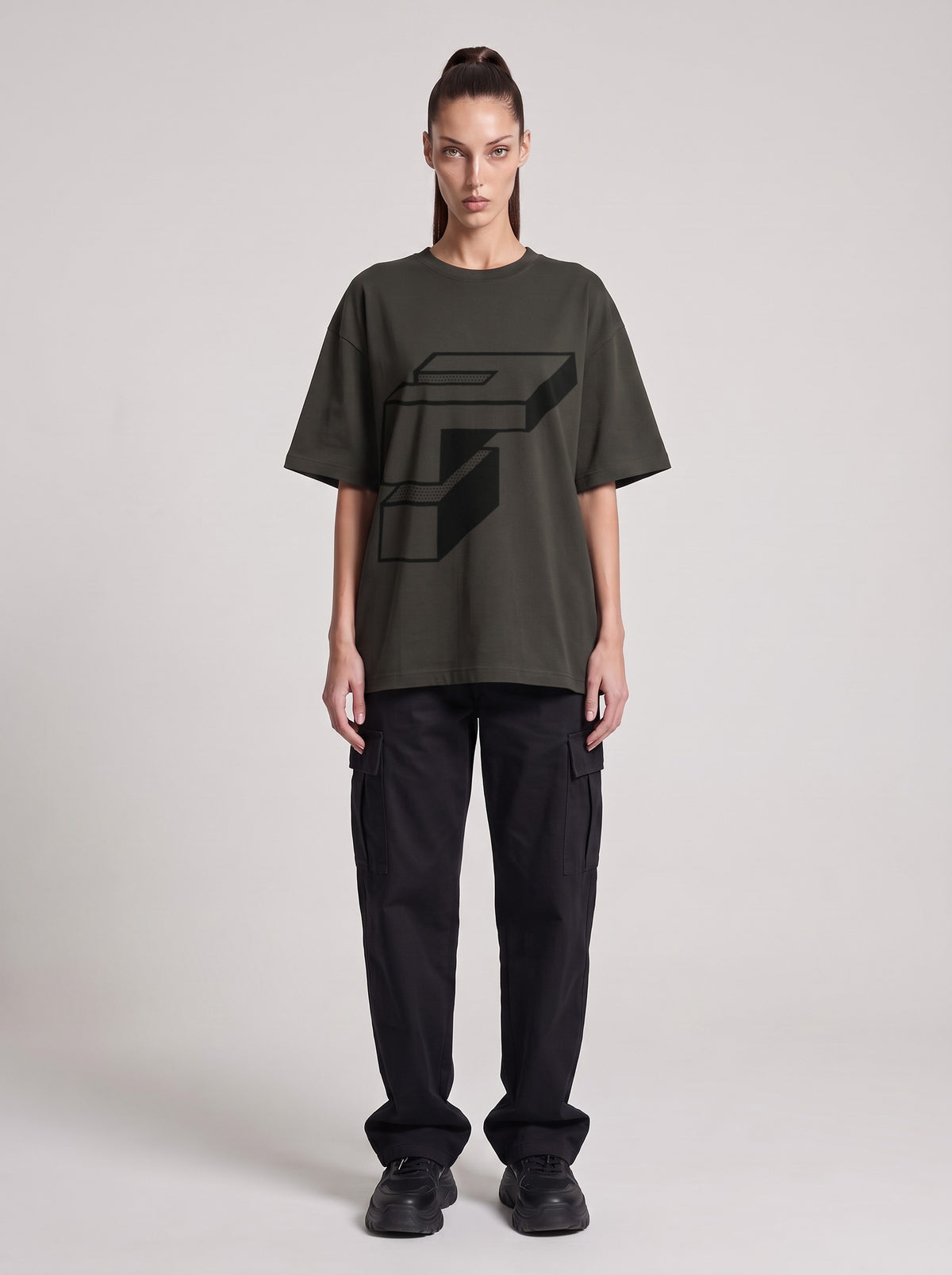 Monolith — Drop Shoulder T-Shirt in Dark Gray, front, worn by female model