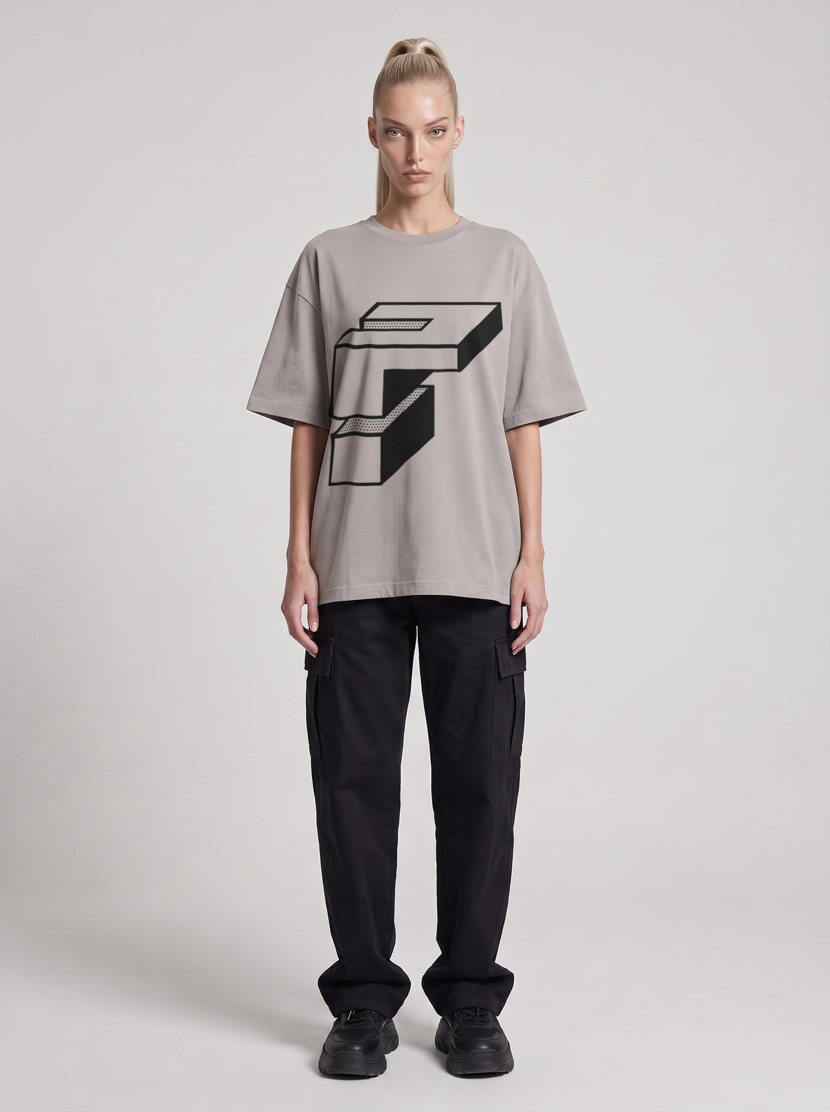 Monolith — Drop Shoulder T-Shirt in Light Gray, front, worn by female model