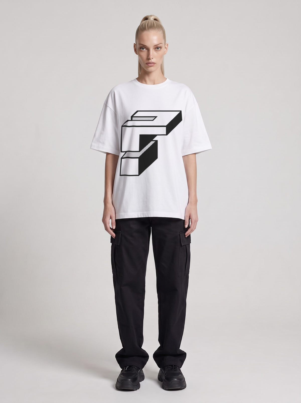 Monolith — Drop Shoulder T-Shirt in Lucent White, front, worn by female model