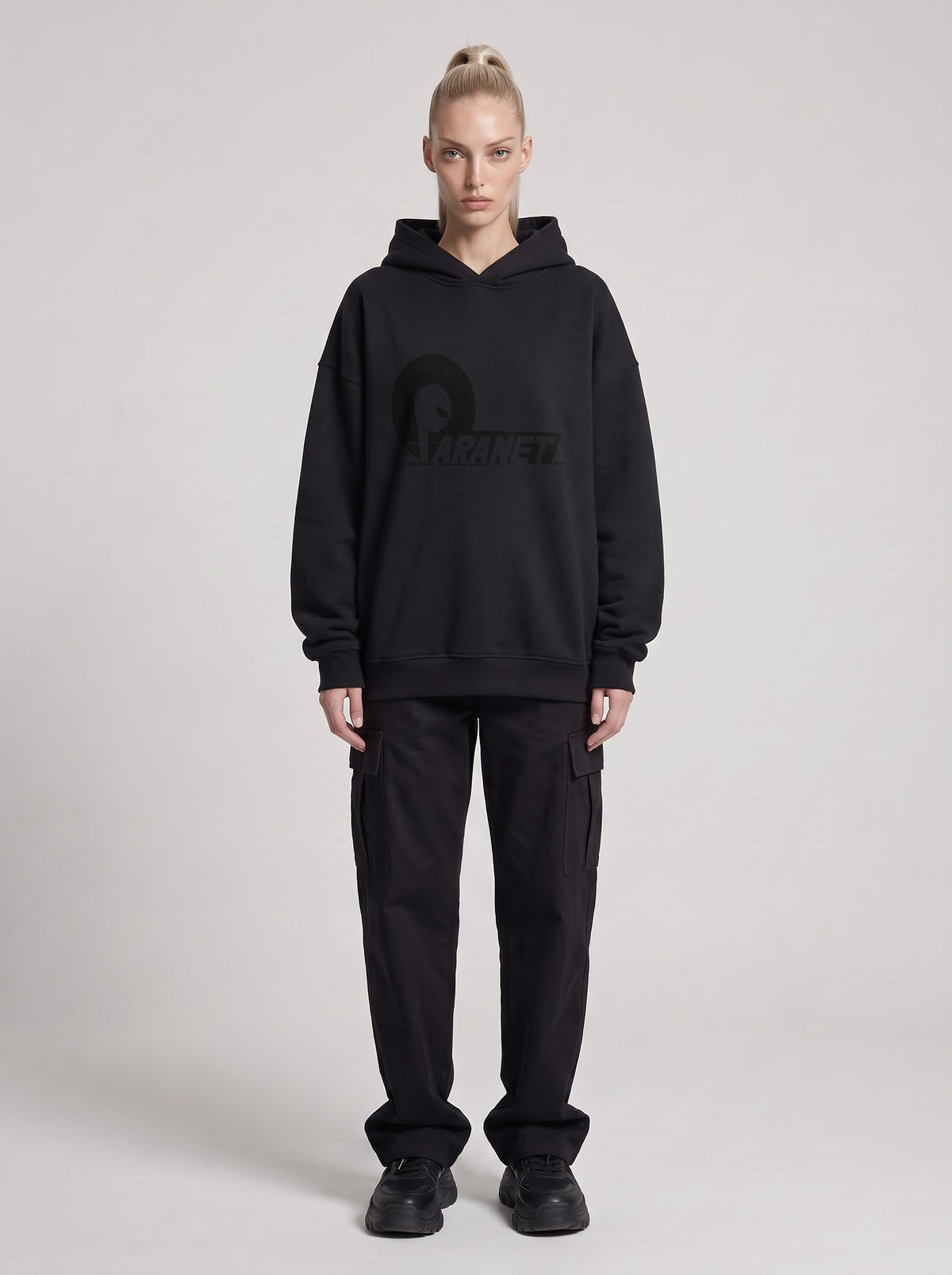 Paranet — Boxy Hoodie in Black, front, worn by female model