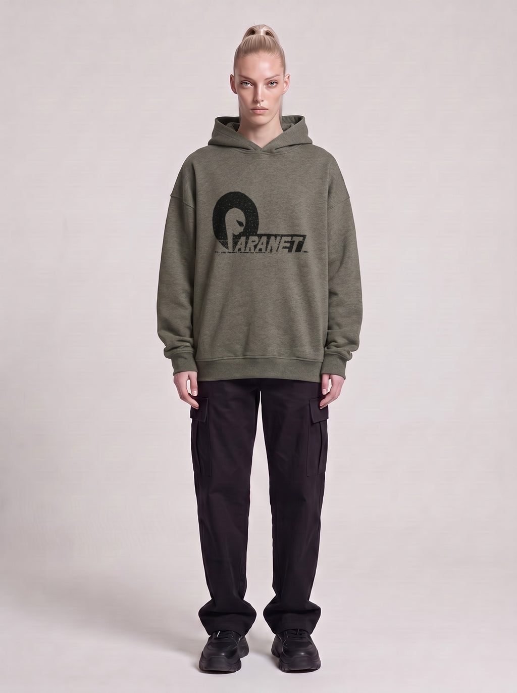 Paranet — Boxy Hoodie in Dark Gray, front, worn by male model