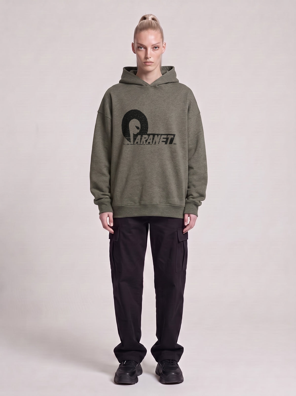 Paranet — Boxy Hoodie in Dark Gray, front, worn by male model
