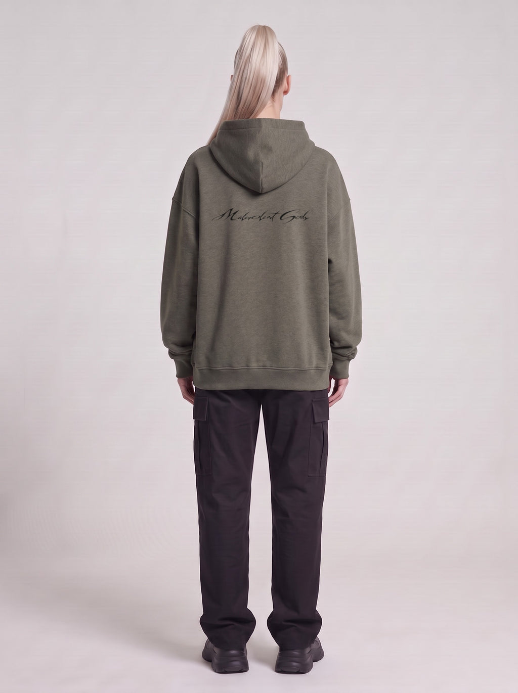 Paranet — Boxy Hoodie in Dark Gray, back, worn by female model
