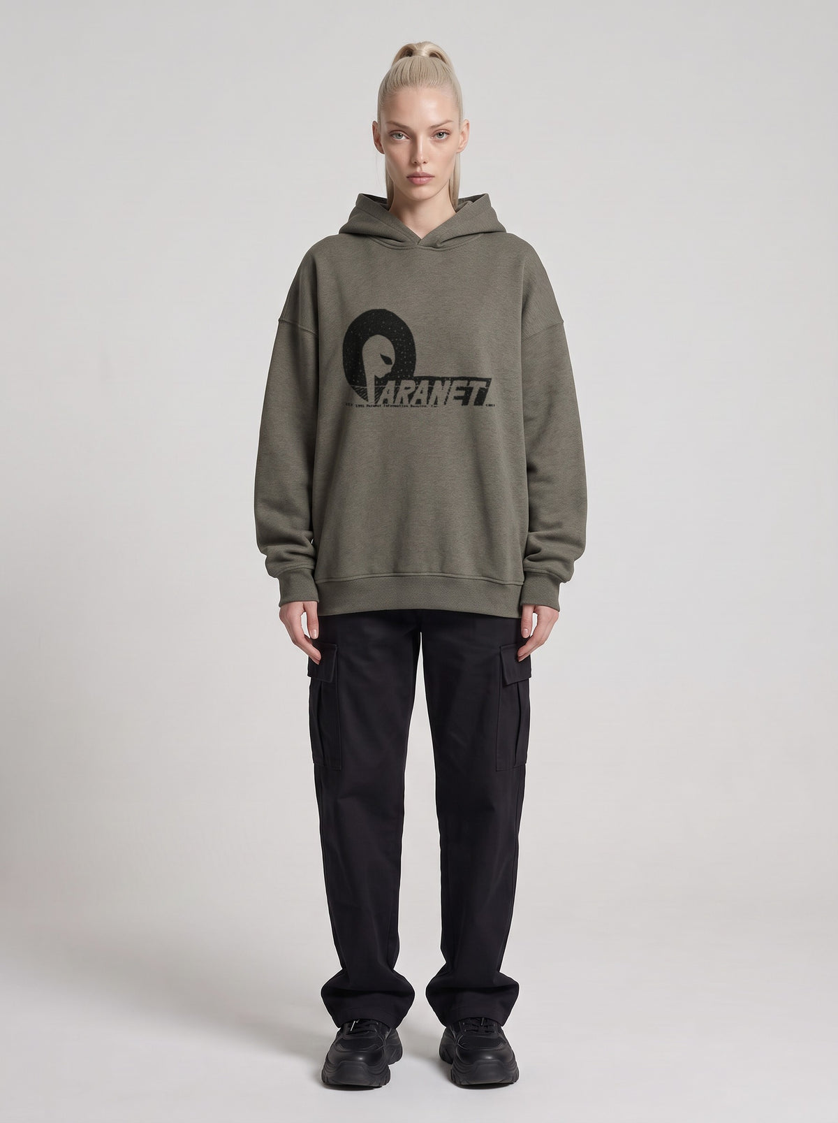 Paranet — Boxy Hoodie in Dark Gray, front, worn by female model