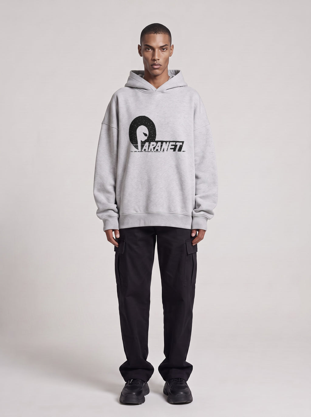 Paranet — Boxy Hoodie in Flower Gray, front, worn by male model