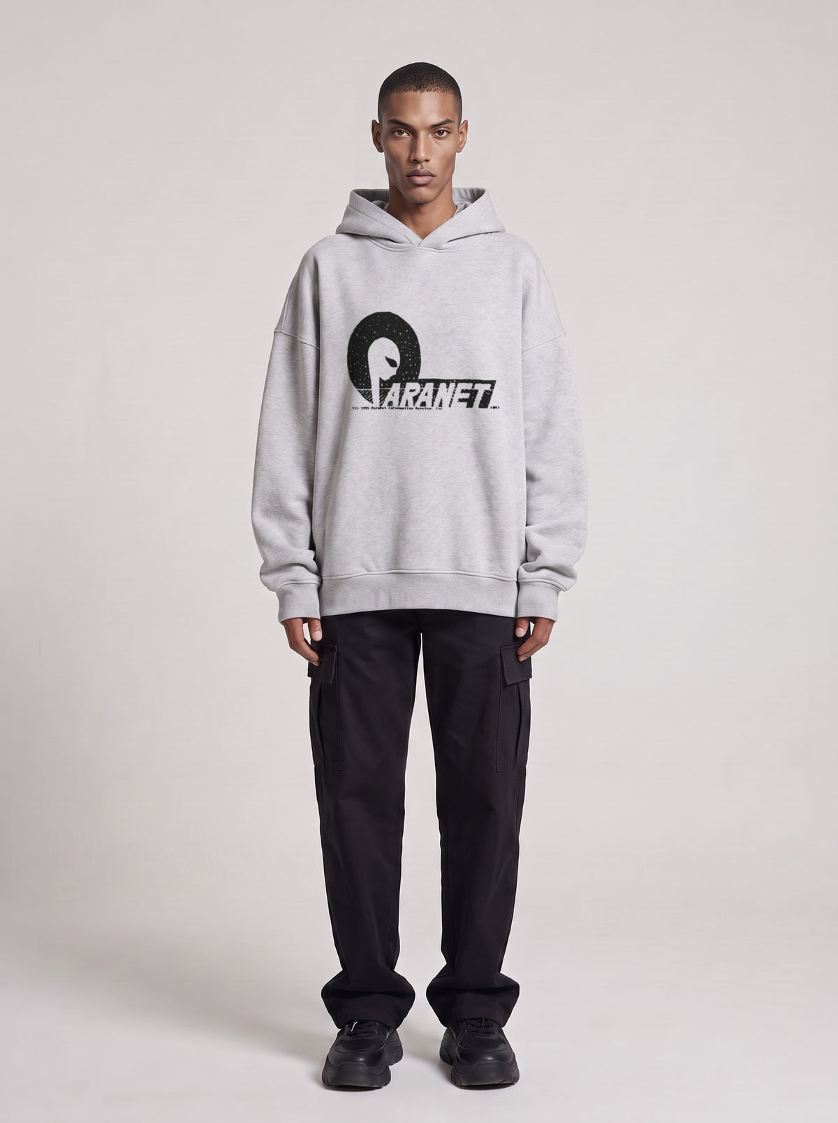 Paranet — Boxy Hoodie in Flower Gray, front, worn by male model