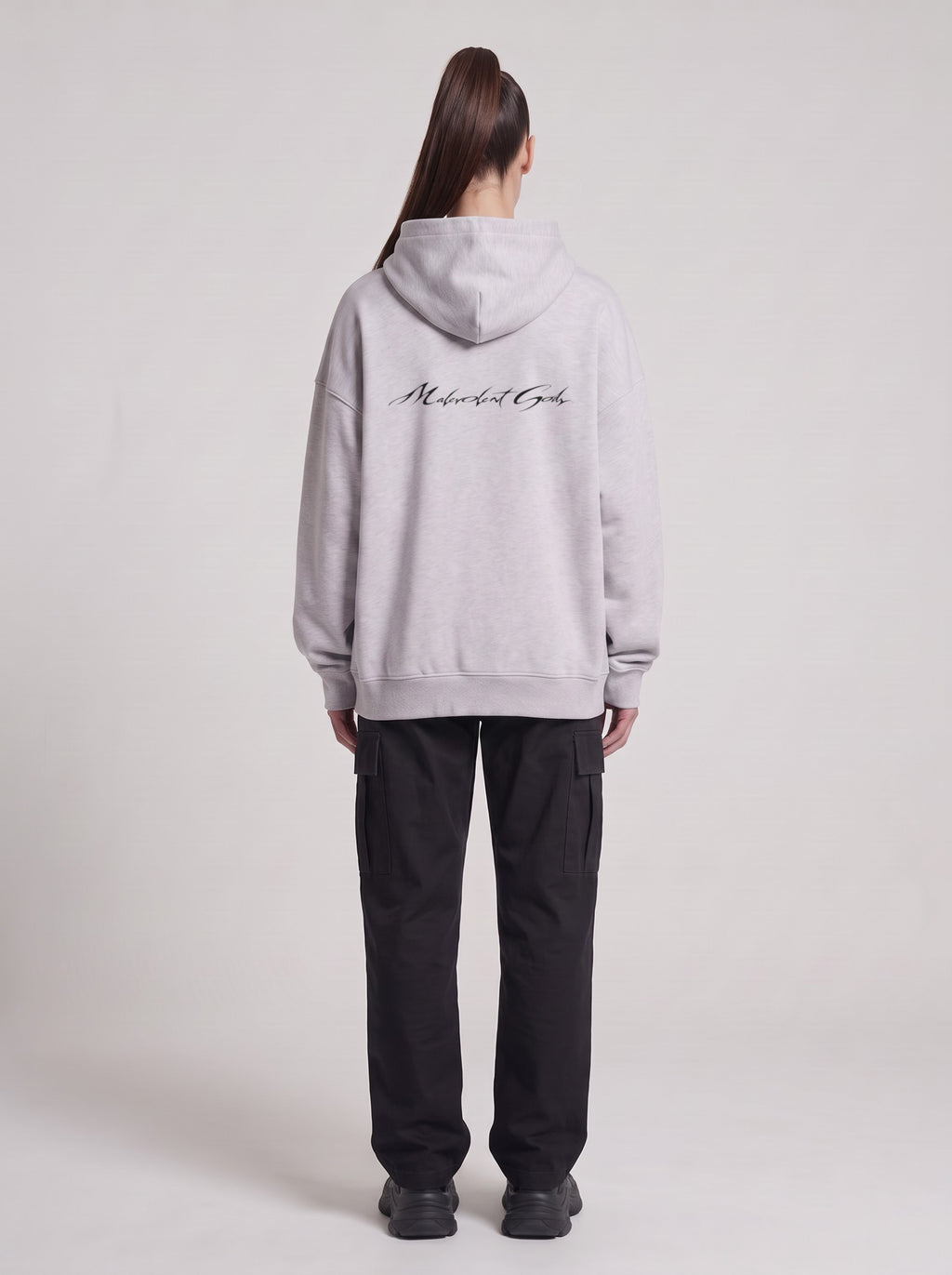 Paranet — Boxy Hoodie in Flower Gray, back, worn by female model