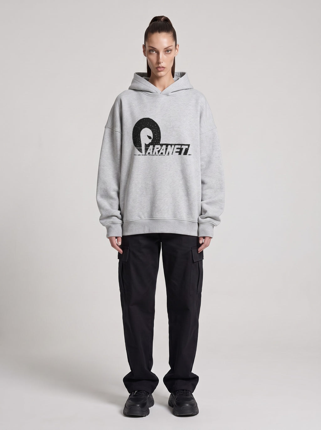 Paranet — Boxy Hoodie in Flower Gray, front, worn by female model