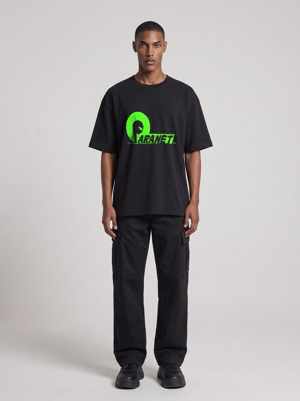 Paranet Neon — Drop Shoulder T-Shirt in Black Beauty, front, worn by male model