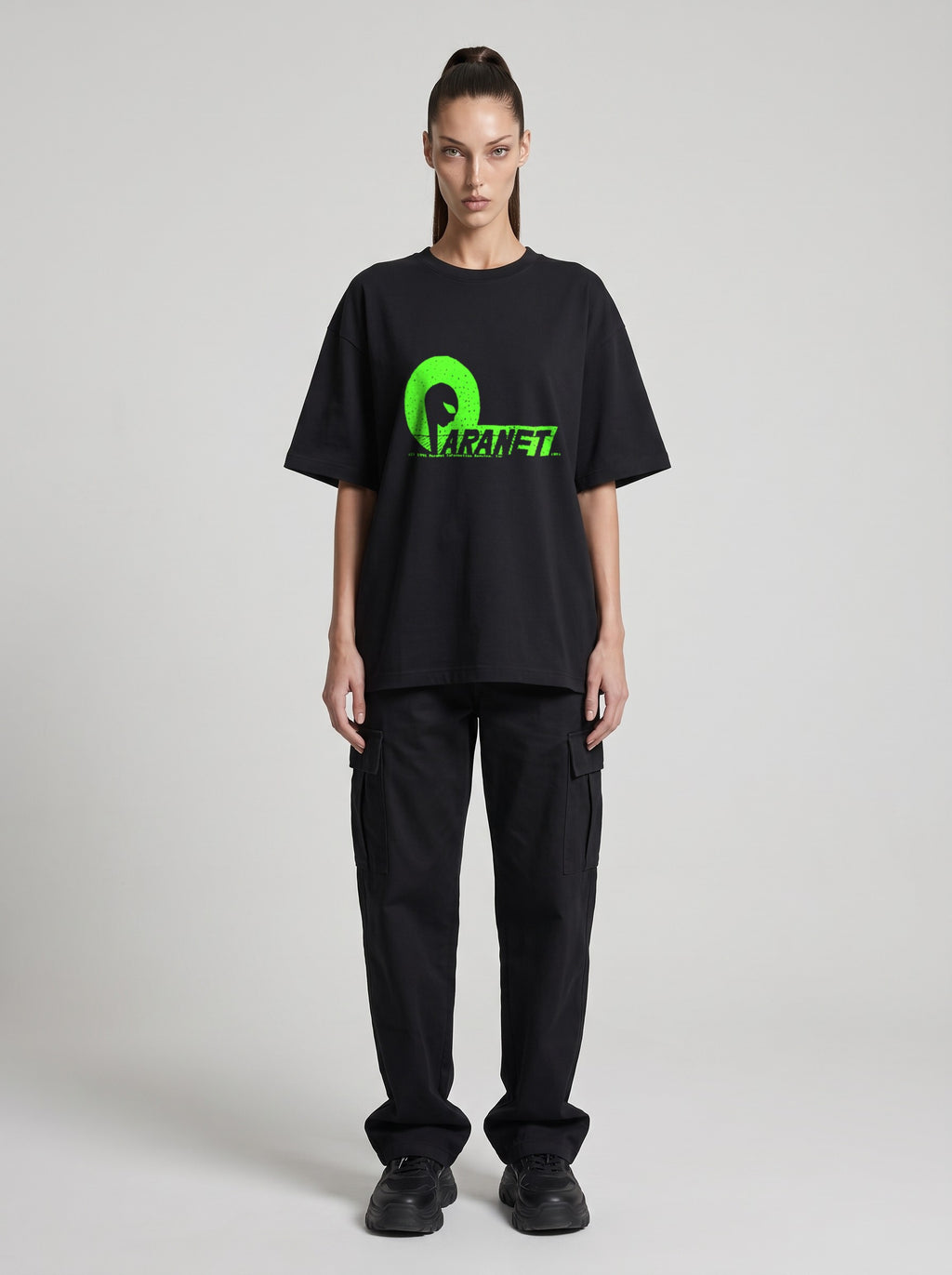 Paranet Neon — Drop Shoulder T-Shirt in Black Beauty, front, worn by female model