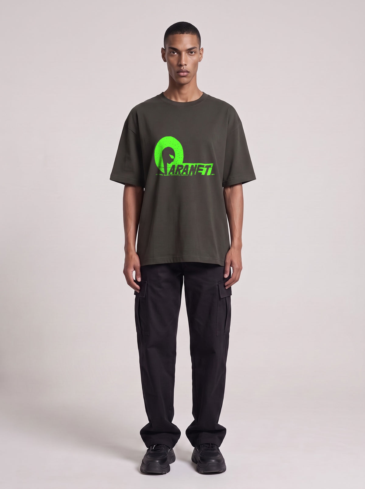Paranet Neon — Drop Shoulder T-Shirt in Dark Gray, front, worn by male model
