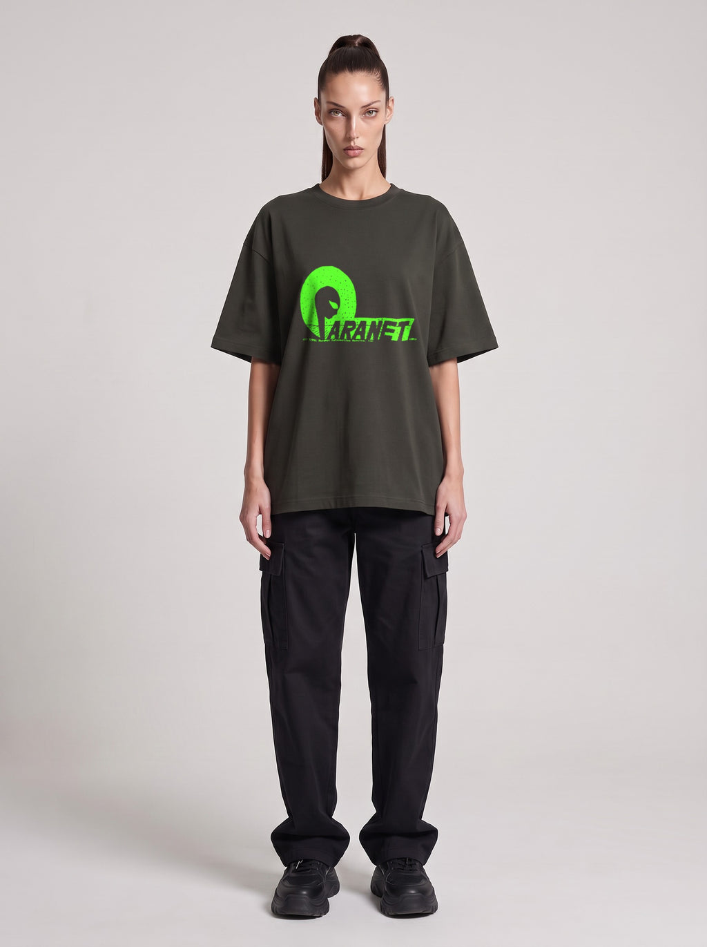 Paranet Neon — Drop Shoulder T-Shirt in Dark Gray, front, worn by female model