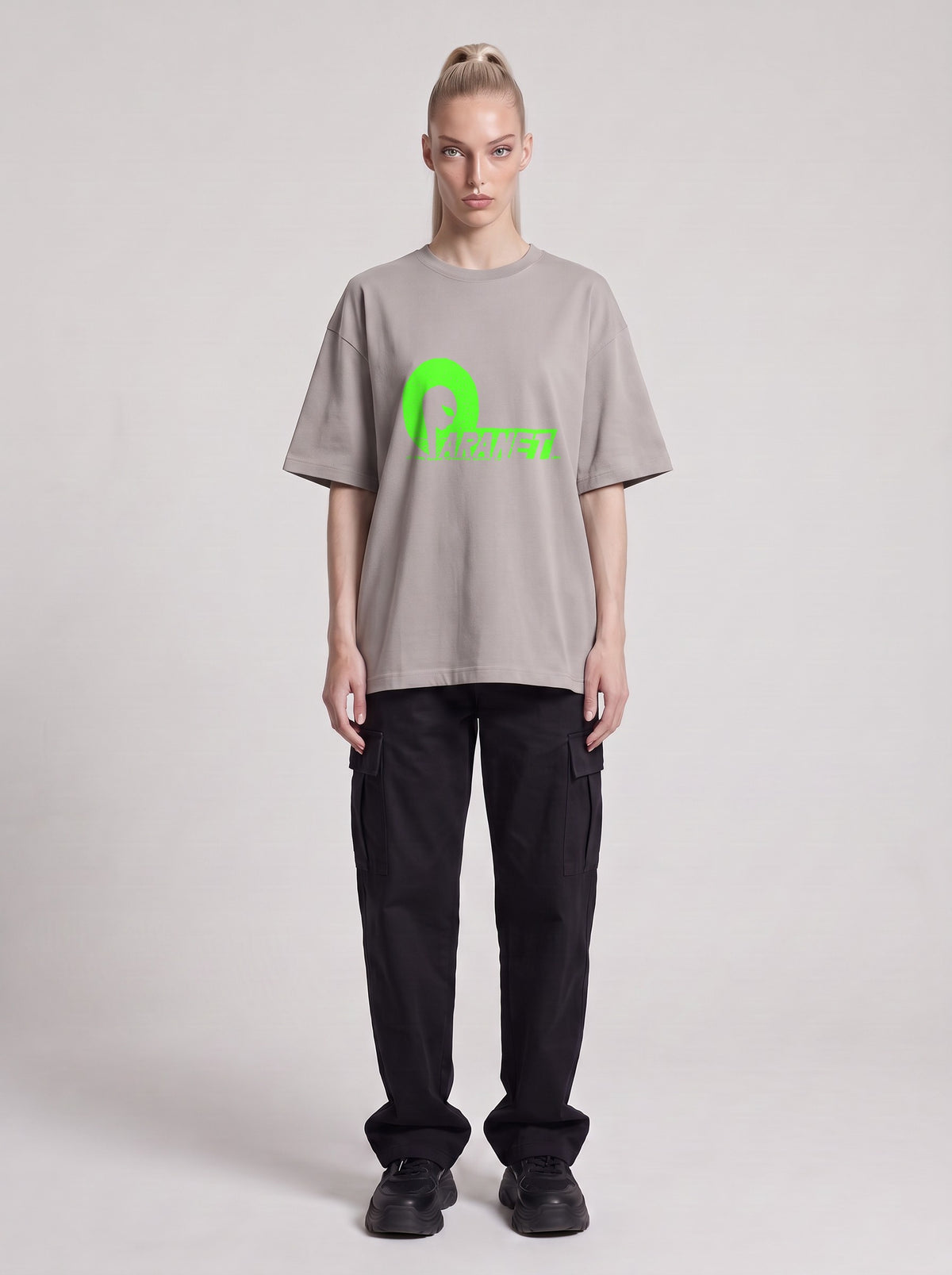 Paranet Neon — Drop Shoulder T-Shirt in Light Gray, front, worn by male model