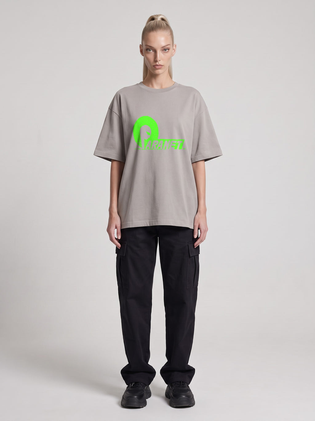 Paranet Neon — Drop Shoulder T-Shirt in Light Gray, front, worn by female model
