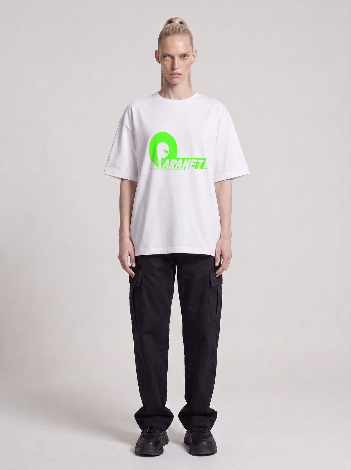 Paranet Neon — Drop Shoulder T-Shirt in Lucent White, front, worn by male model