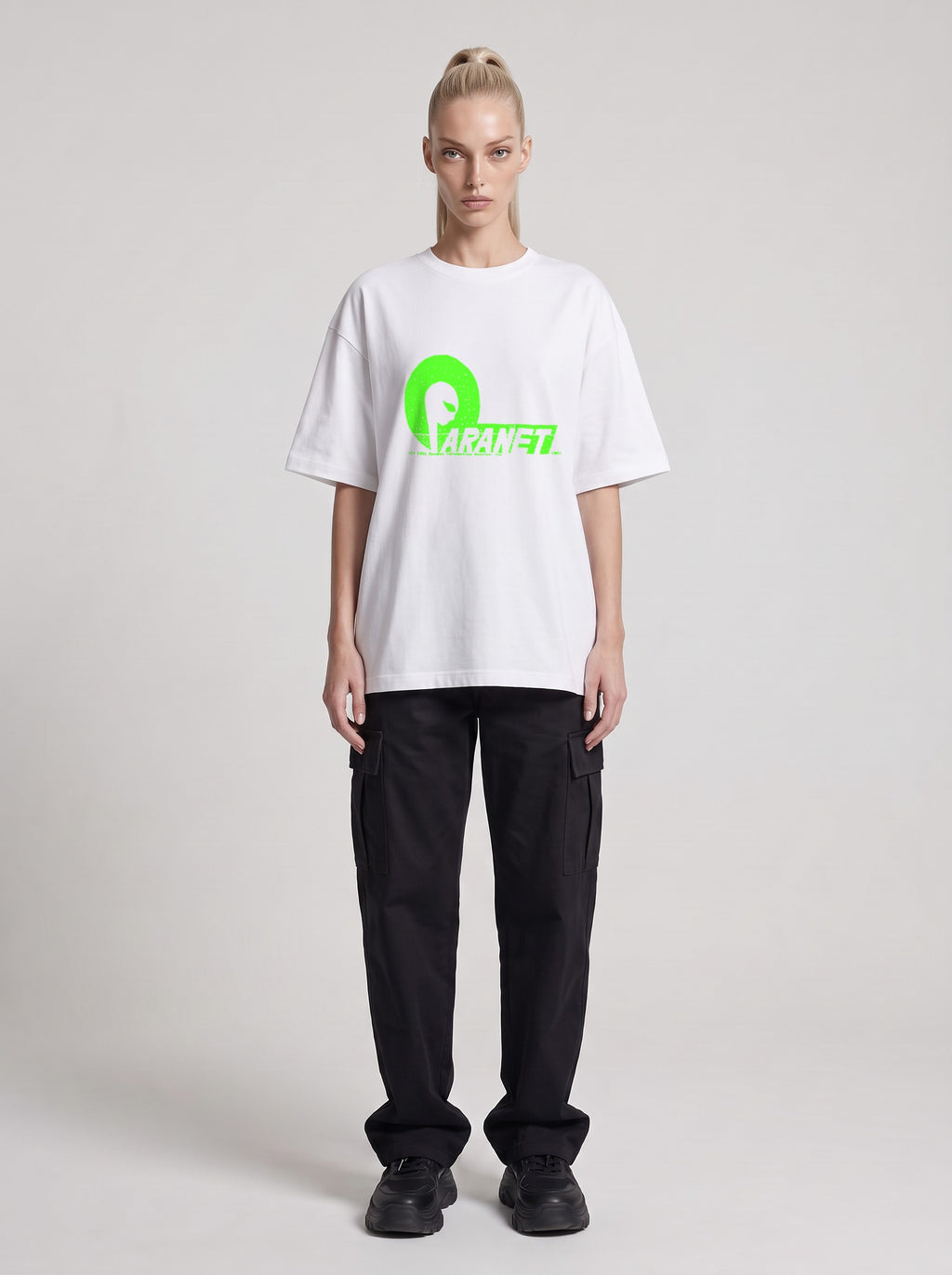 Paranet Neon — Drop Shoulder T-Shirt in Lucent White, front, worn by female model