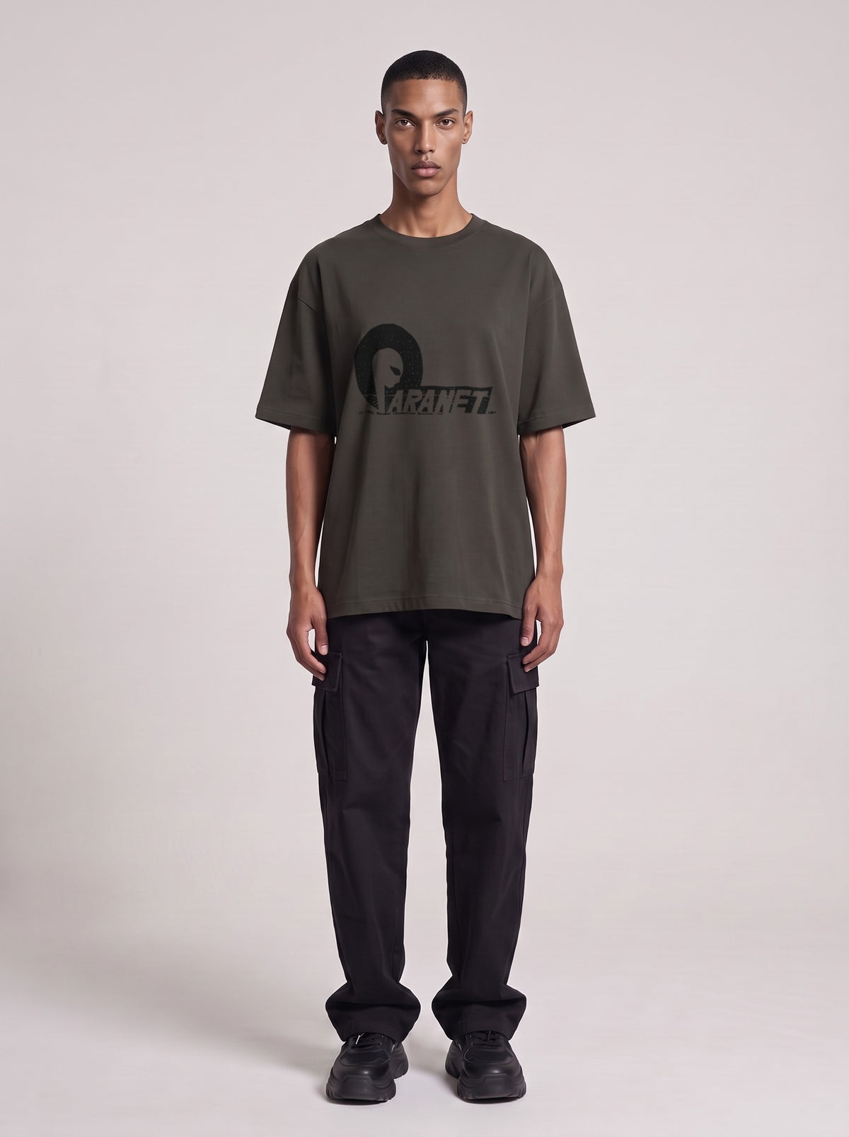 Paranet — Drop Shoulder T-Shirt in Dark Gray, front, worn by male model
