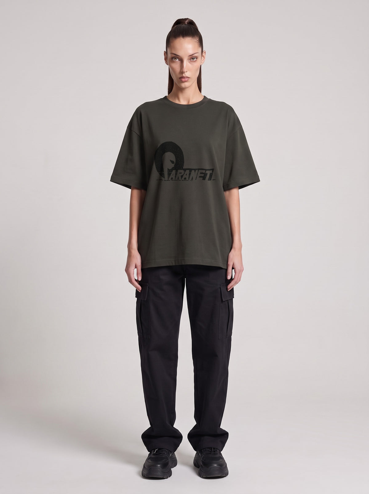 Paranet — Drop Shoulder T-Shirt in Dark Gray, front, worn by female model