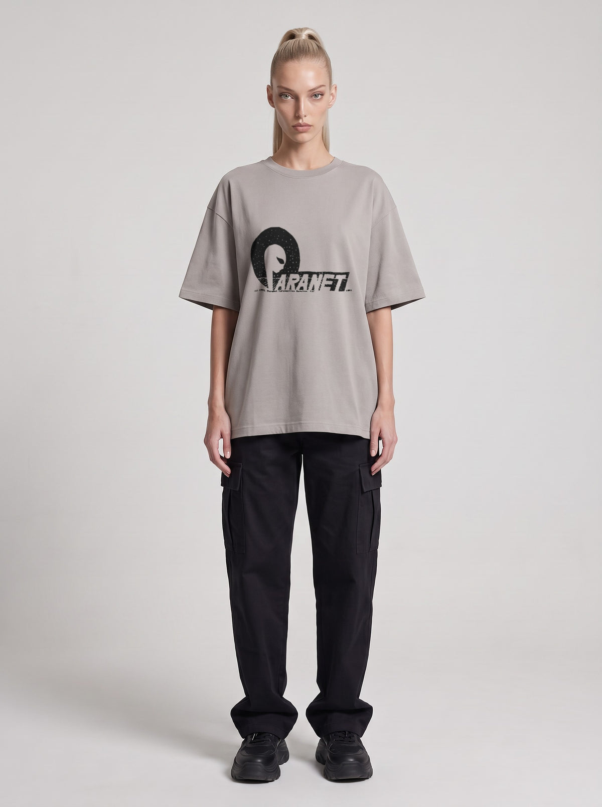 Paranet — Drop Shoulder T-Shirt in Light Gray, front, worn by female model