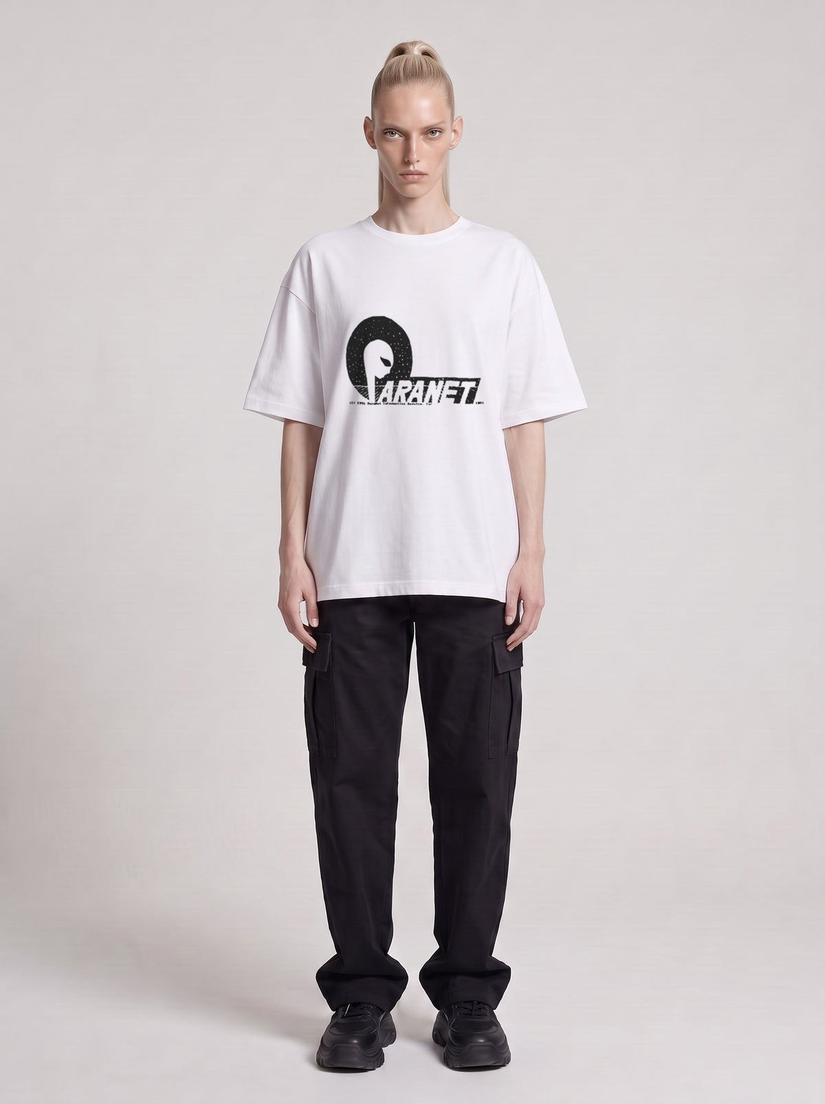 Paranet — Drop Shoulder T-Shirt in Lucent White, front, worn by male model
