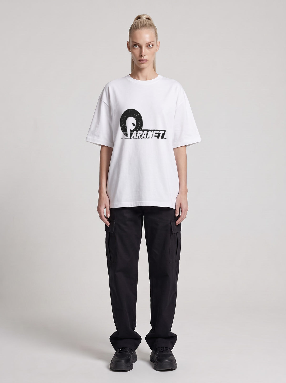 Paranet — Drop Shoulder T-Shirt in Lucent White, front, worn by female model
