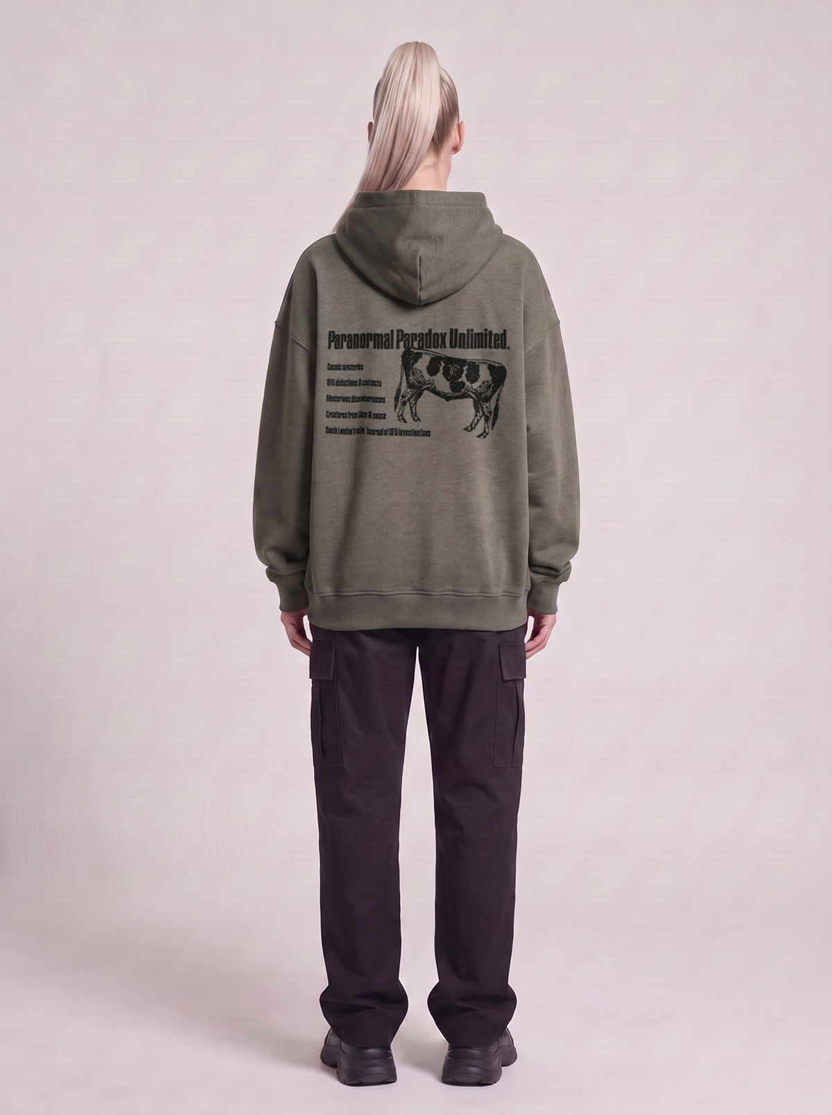 Paranormal Paradox — Boxy Hoodie in Dark Gray, back, worn by male model