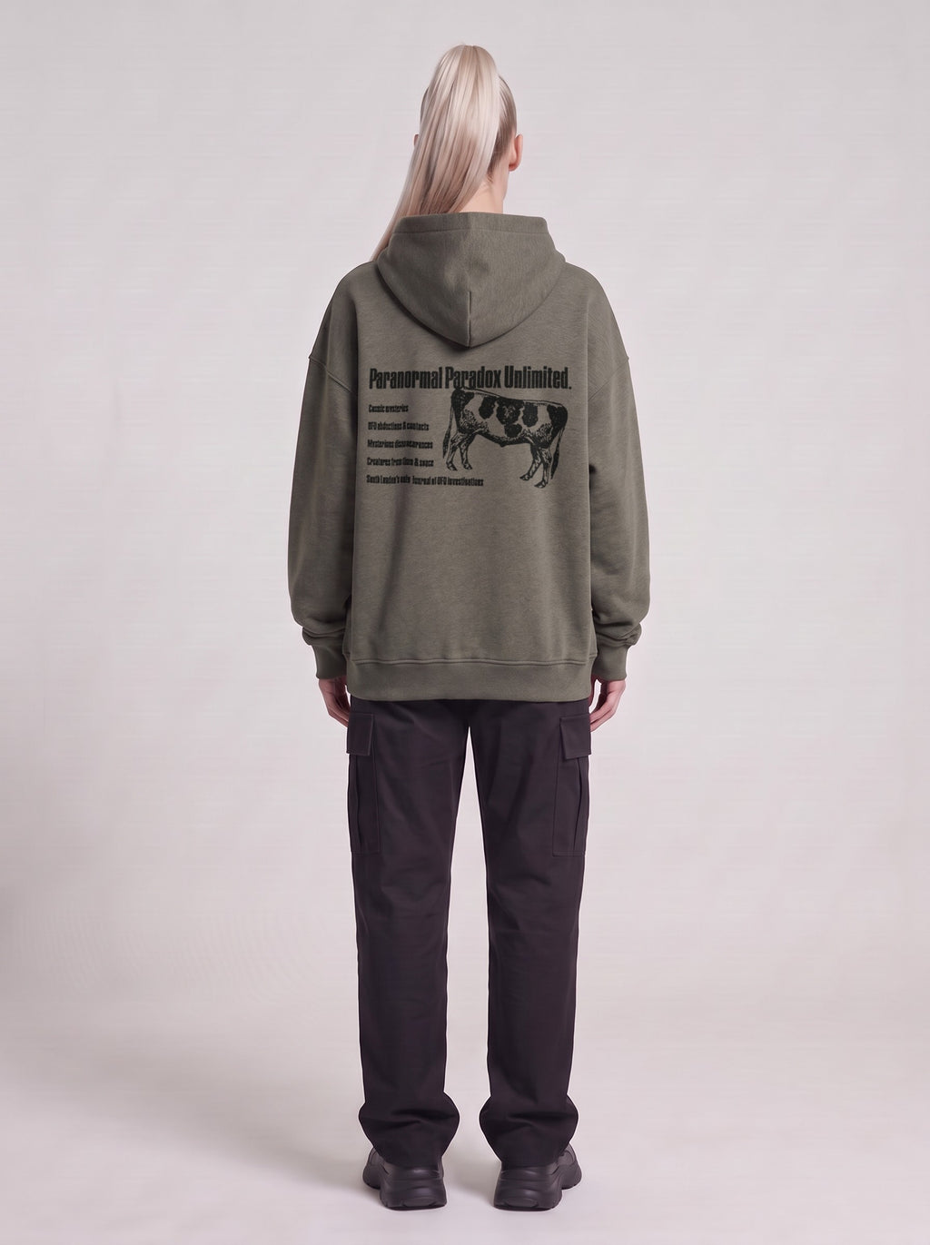Paranormal Paradox — Boxy Hoodie in Dark Gray, back, worn by female model