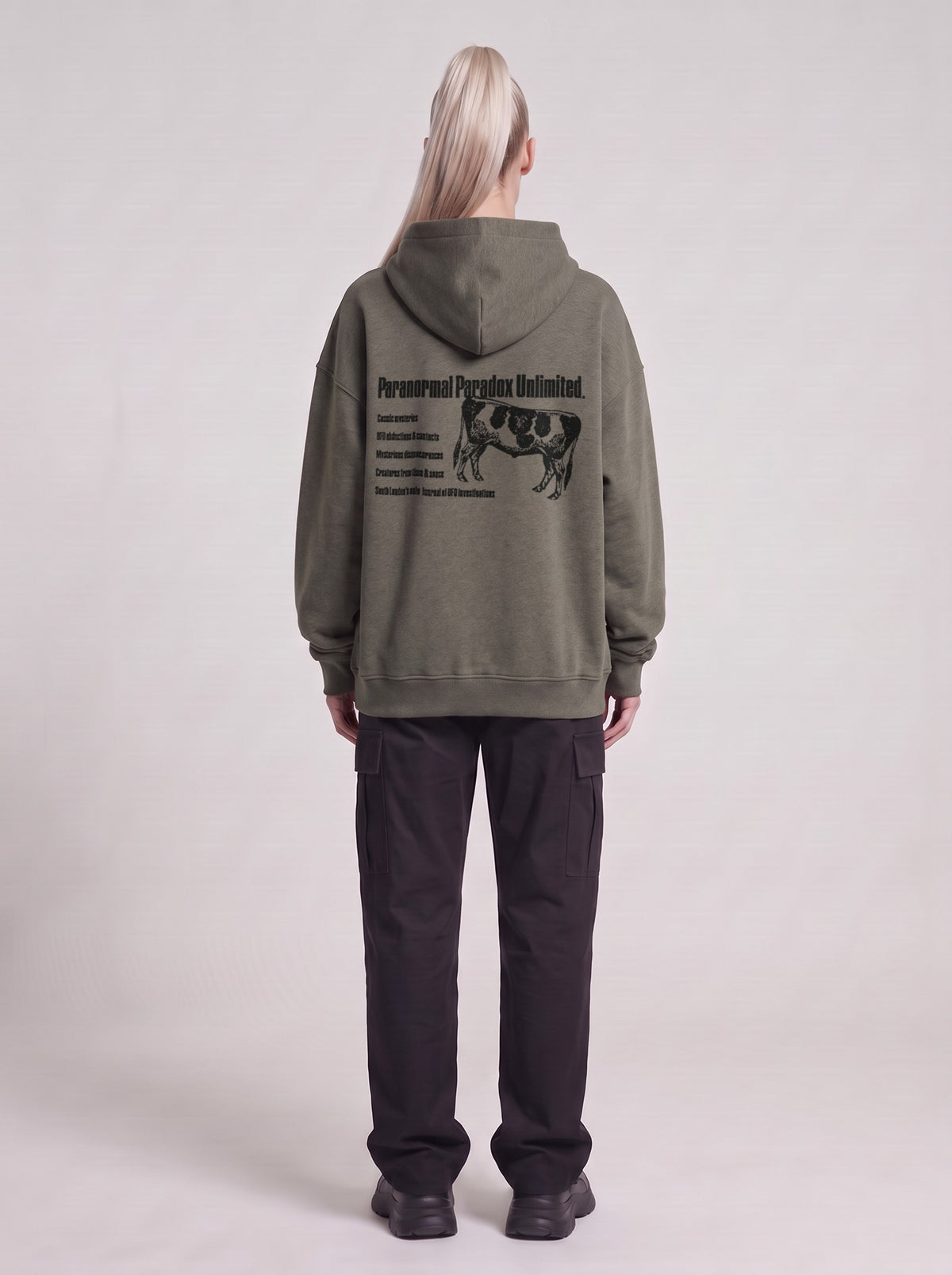 Paranormal Paradox — Boxy Hoodie in Dark Gray, back, worn by female model