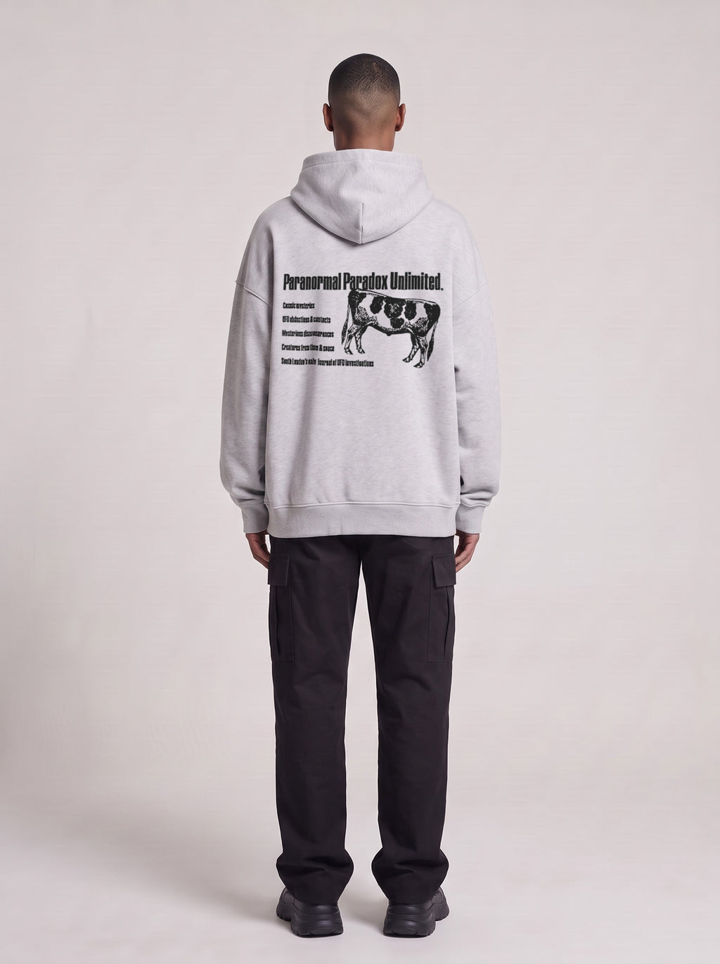 Paranormal Paradox — Boxy Hoodie in Flower Gray, back, worn by male model