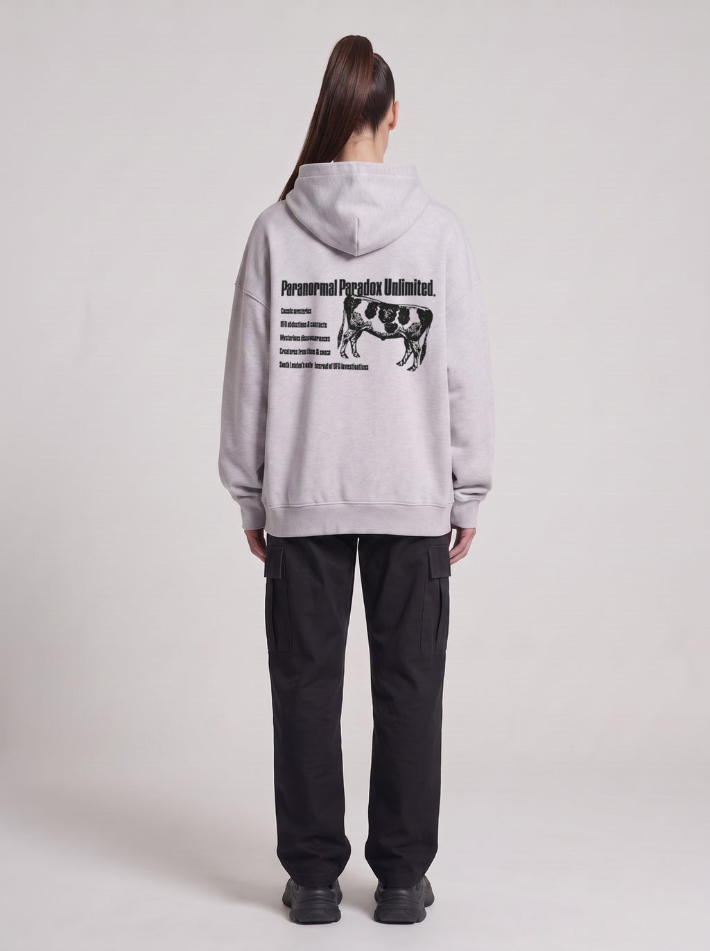 Paranormal Paradox — Boxy Hoodie in Flower Gray, back, worn by female model