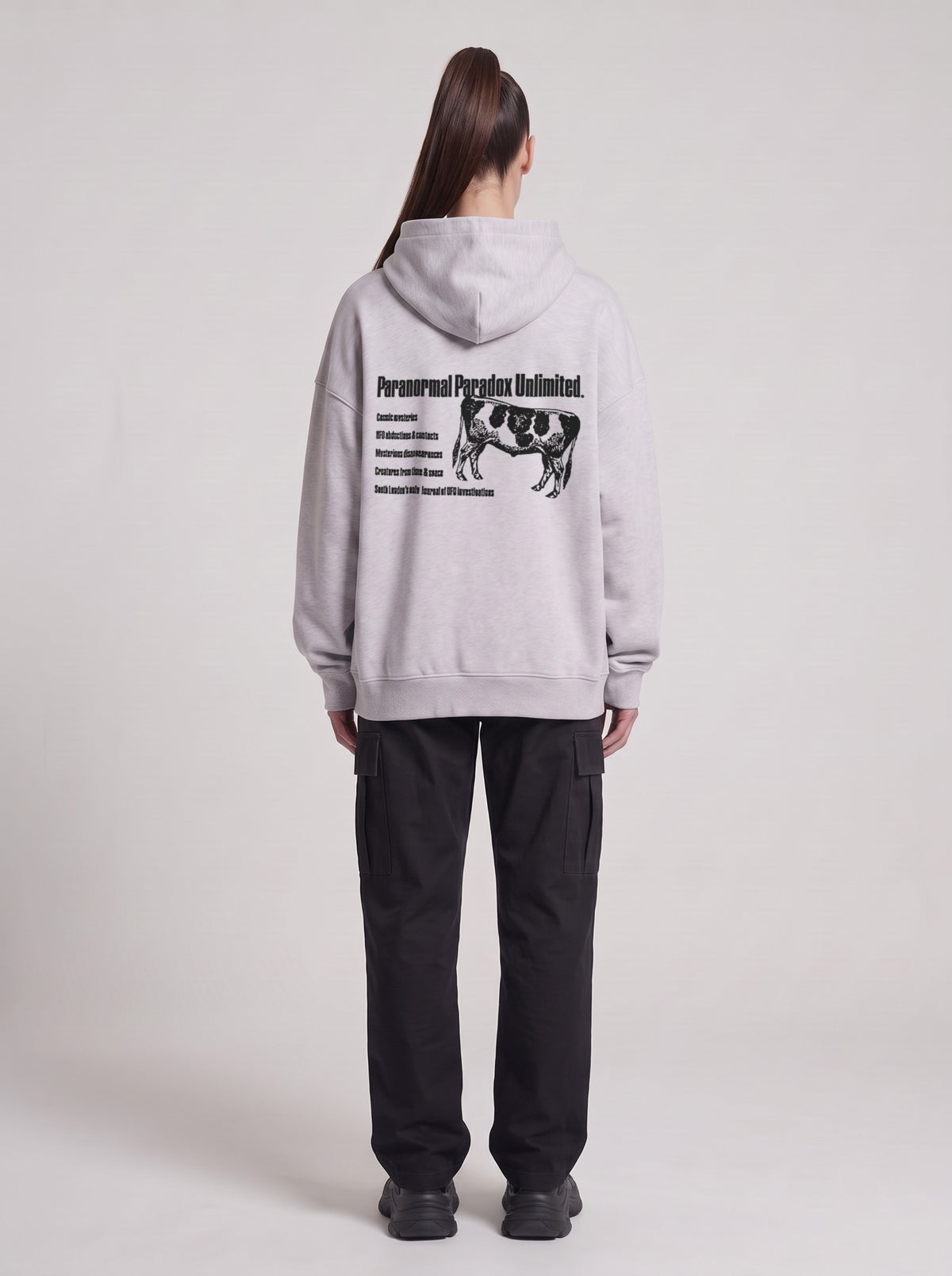 Paranormal Paradox — Boxy Hoodie in Flower Gray, back, worn by female model