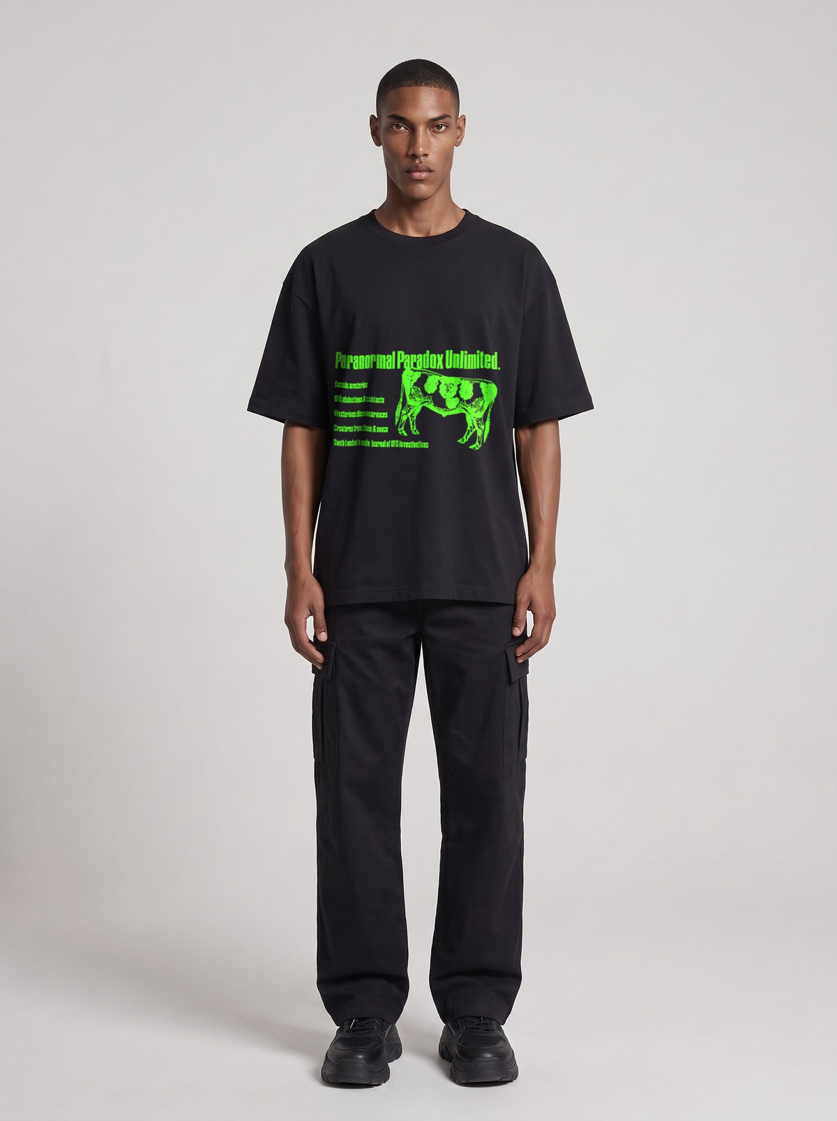 Paranormal Paradox Neon — Drop Shoulder T-Shirt in Black Beauty, front, worn by male model