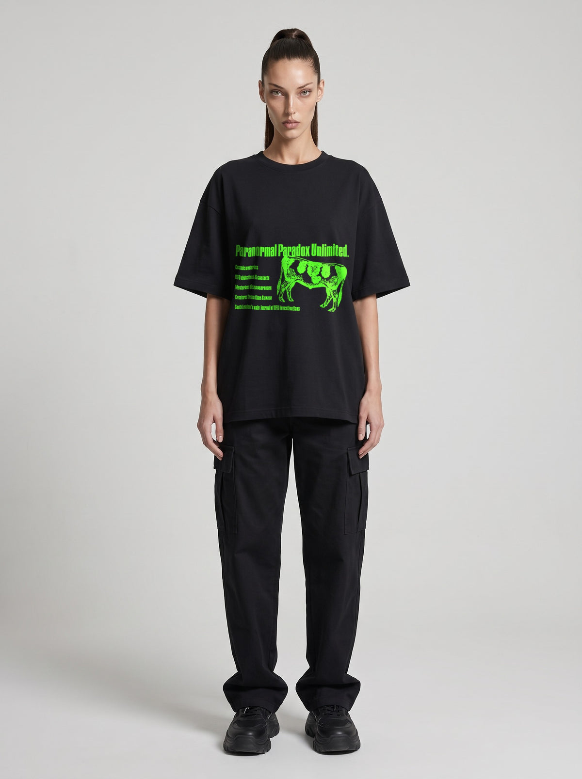 Paranormal Paradox Neon — Drop Shoulder T-Shirt in Black Beauty, front, worn by female model