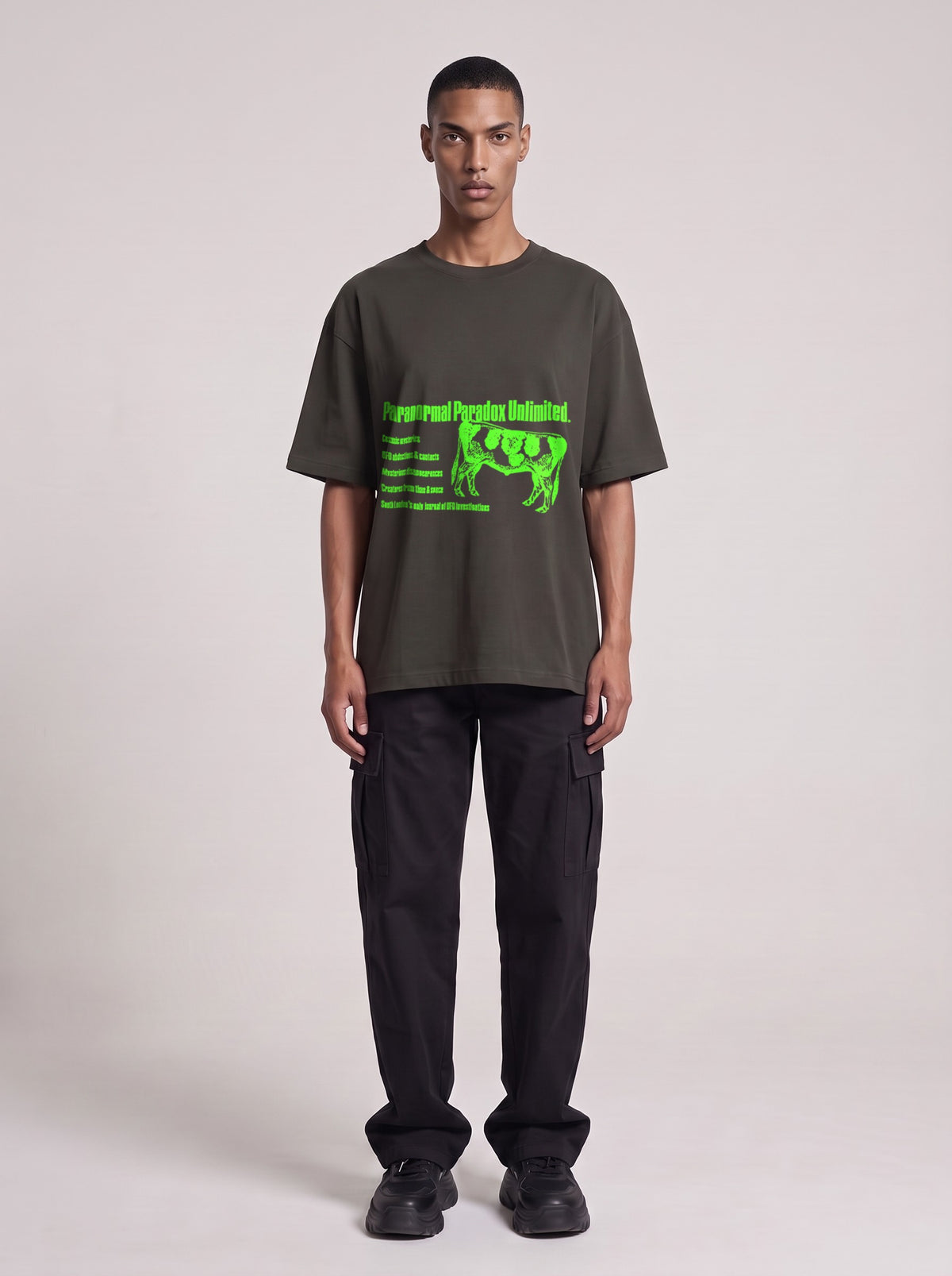 Paranormal Paradox Neon — Drop Shoulder T-Shirt in Dark Gray, front, worn by male model