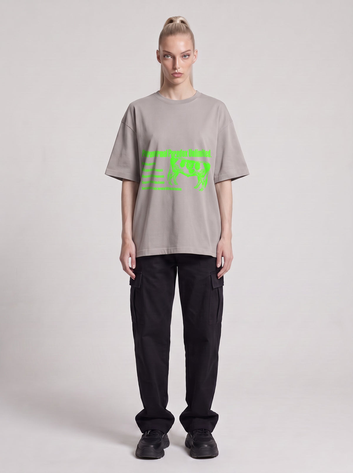 Paranormal Paradox Neon — Drop Shoulder T-Shirt in Light Gray, front, worn by male model