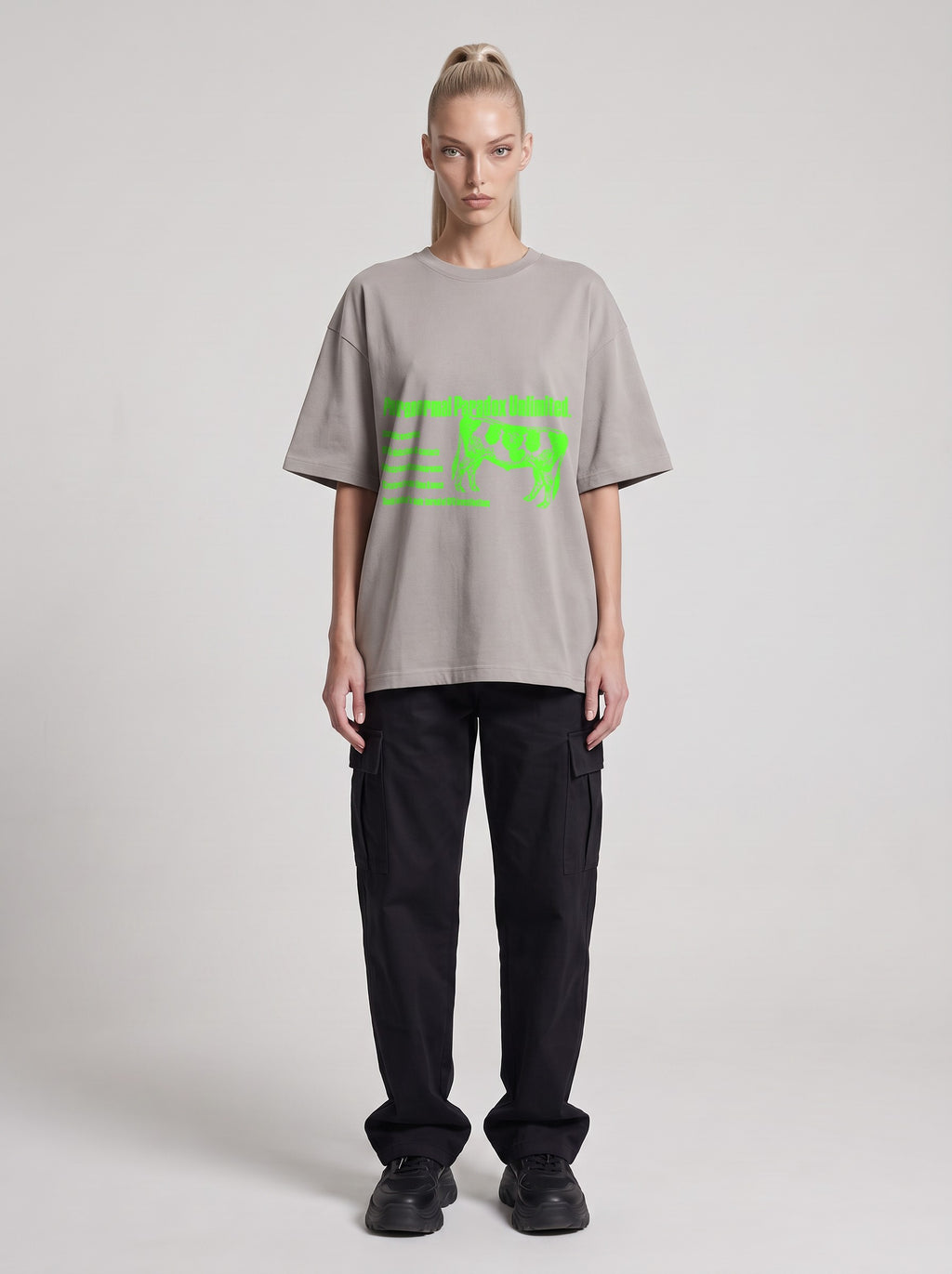 Paranormal Paradox Neon — Drop Shoulder T-Shirt in Light Gray, front, worn by female model