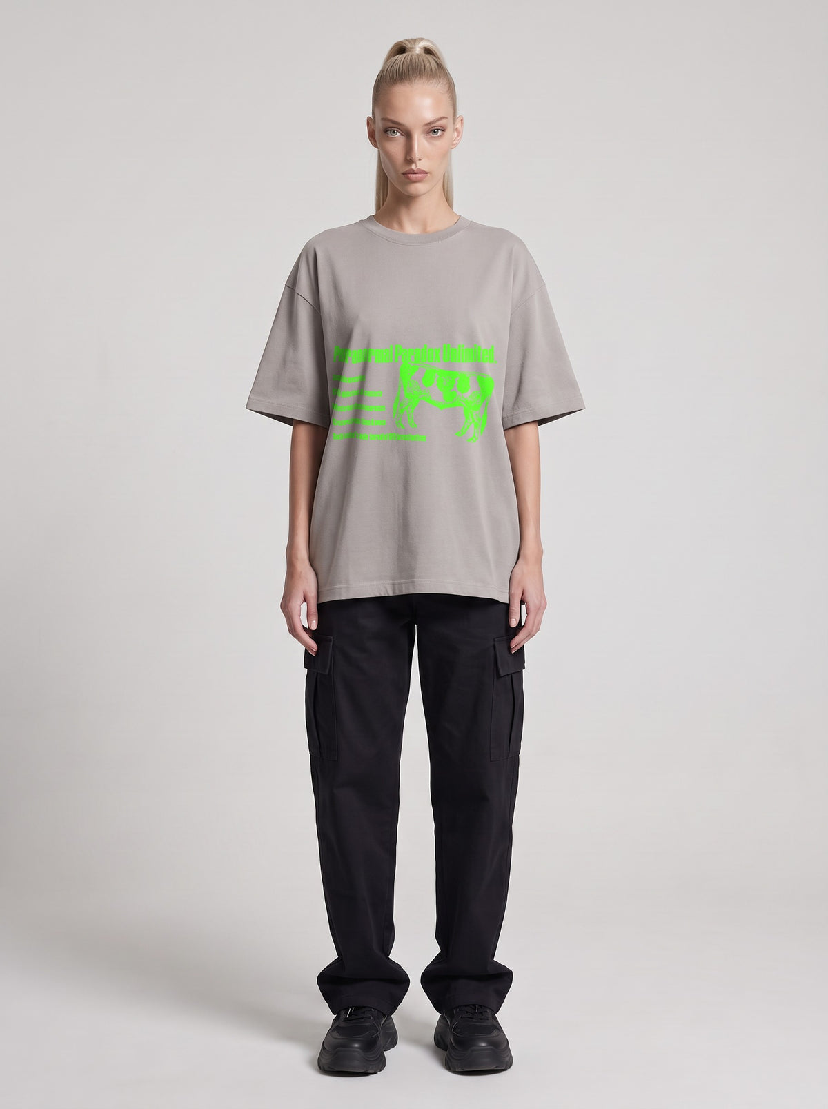 Paranormal Paradox Neon — Drop Shoulder T-Shirt in Light Gray, front, worn by female model