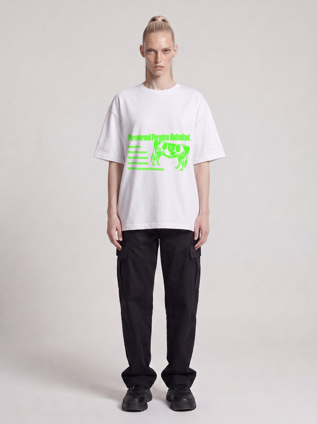 Paranormal Paradox Neon — Drop Shoulder T-Shirt in Lucent White, front, worn by male model