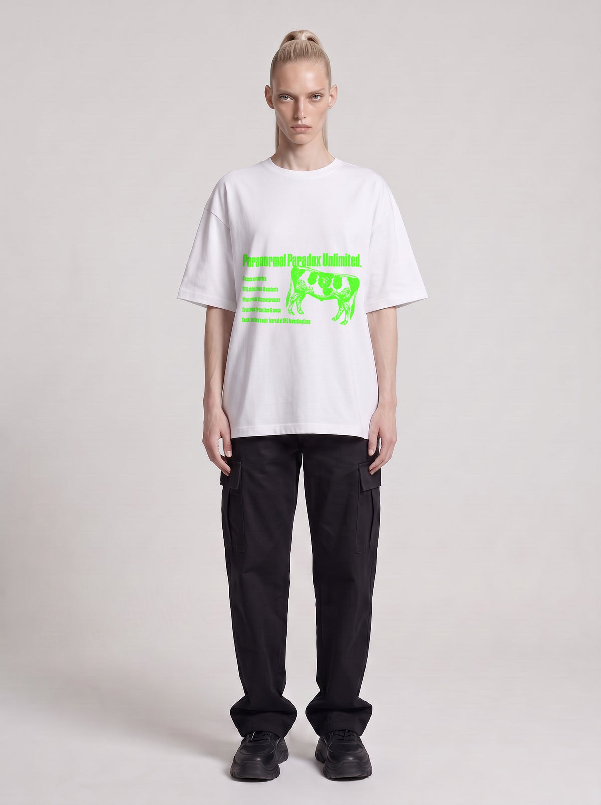 Paranormal Paradox Neon — Drop Shoulder T-Shirt in Lucent White, front, worn by male model