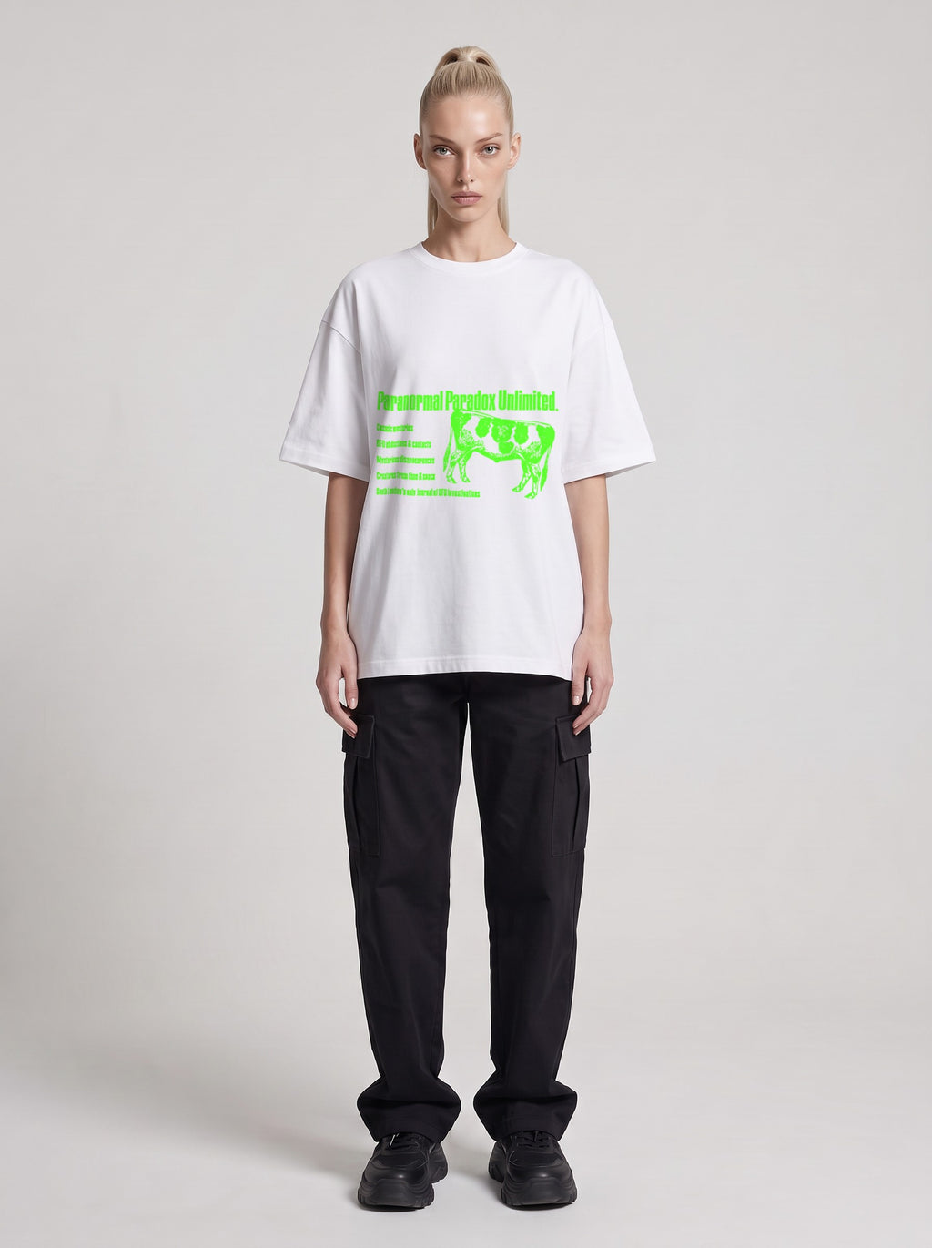 Paranormal Paradox Neon — Drop Shoulder T-Shirt in Lucent White, front, worn by female model