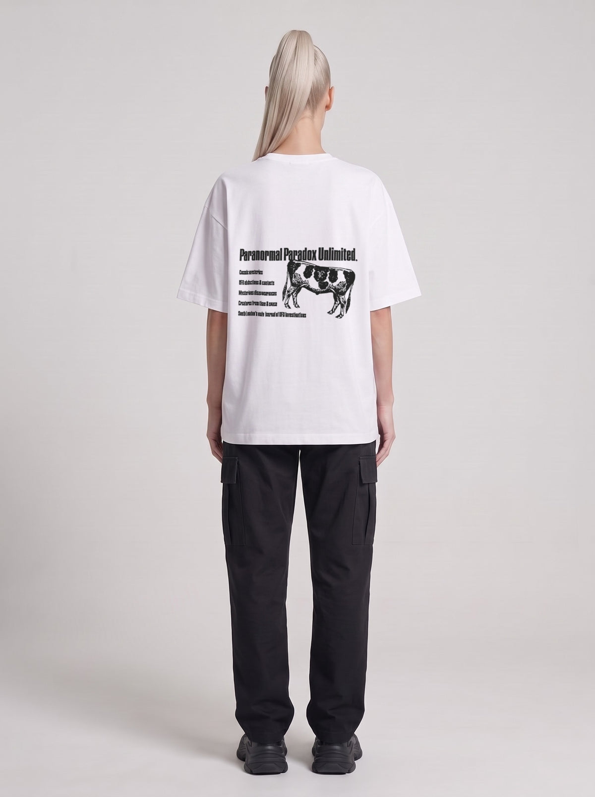 Paranormal Paradox — Drop Shoulder T-Shirt in Lucent White, back, worn by male model