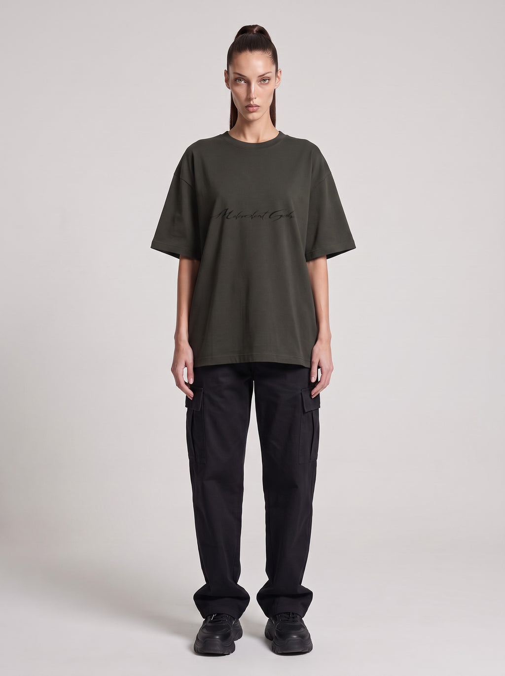 Phantoms of the Sky — Drop Shoulder T-Shirt in Dark Gray, front, worn by female model