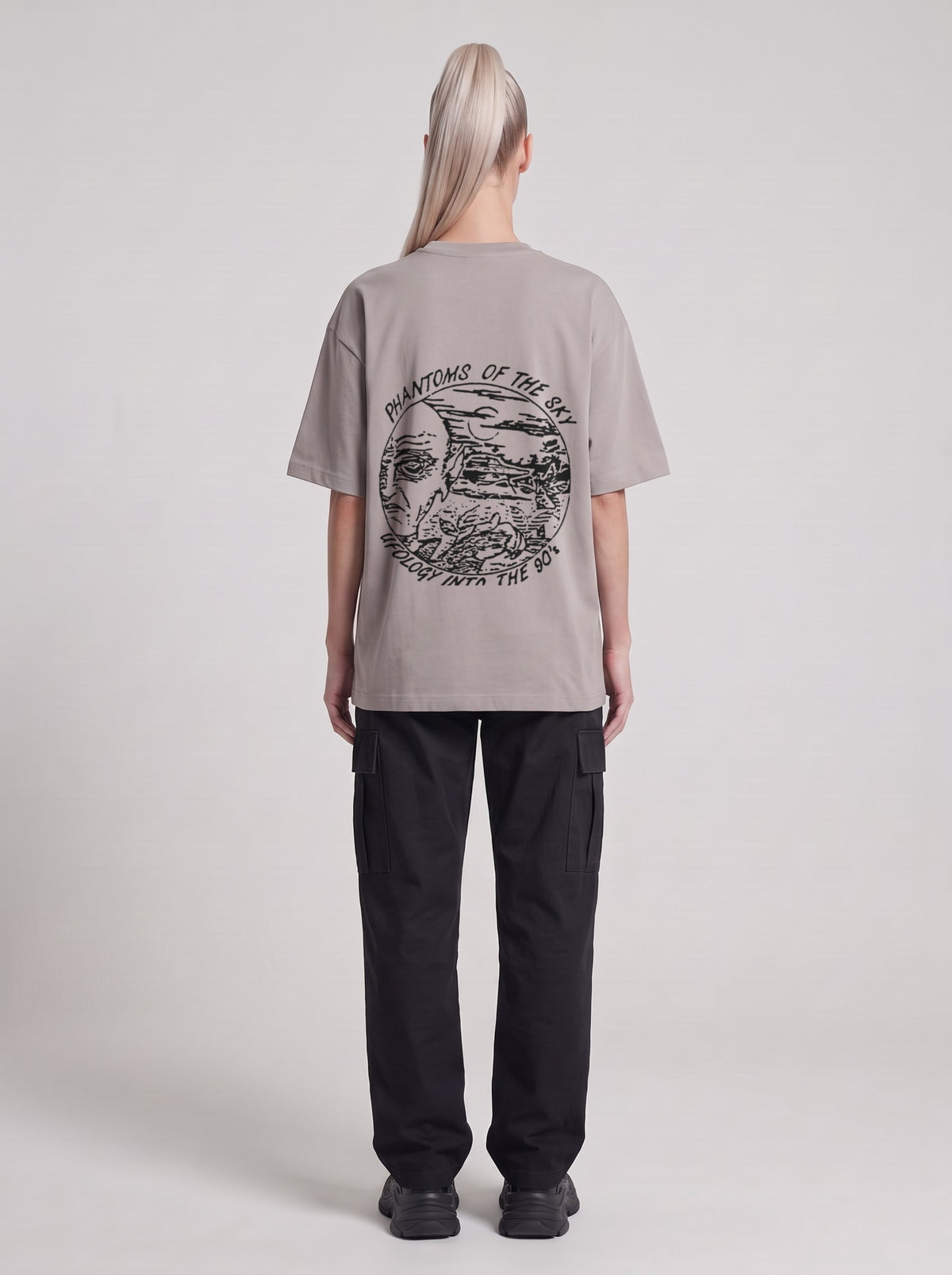 Phantoms of the Sky — Drop Shoulder T-Shirt in Light Gray, back, worn by male model