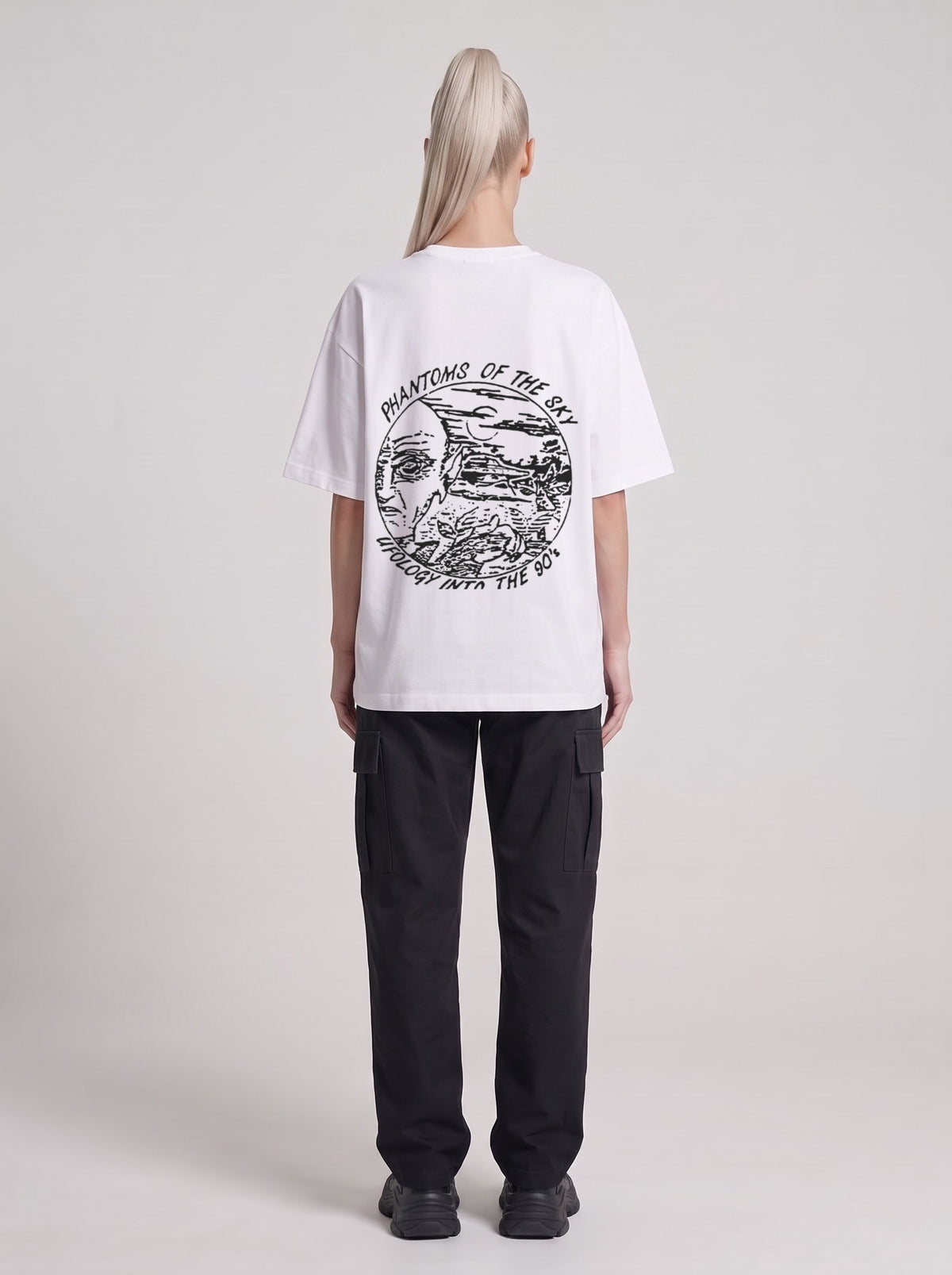 Phantoms of the Sky — Drop Shoulder T-Shirt in Lucent White, back, worn by male model