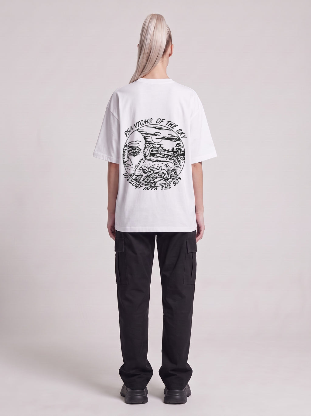 Phantoms of the Sky — Drop Shoulder T-Shirt in Lucent White, back, worn by female model