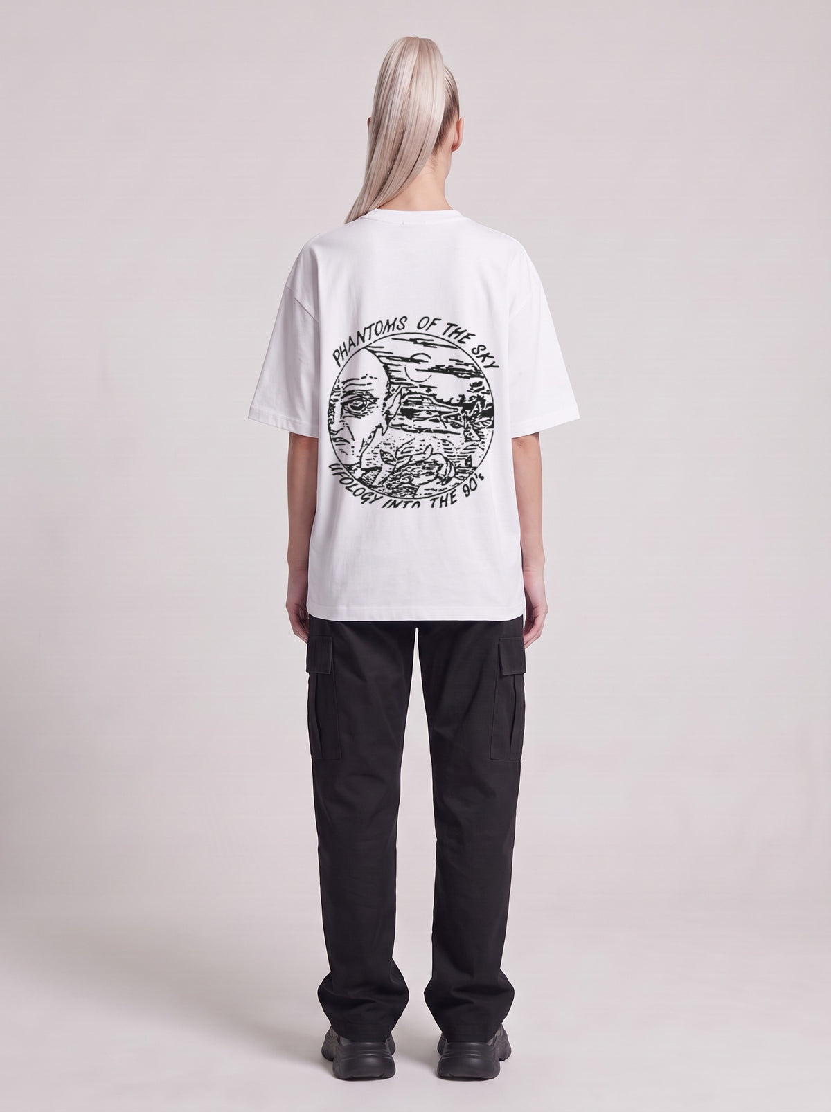 Phantoms of the Sky — Drop Shoulder T-Shirt in Lucent White, back, worn by female model