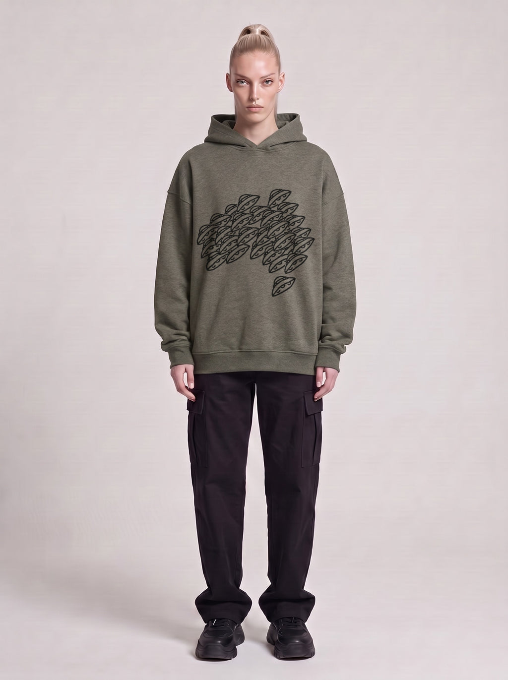 Saucer Fleet — Boxy Hoodie in Dark Gray, front, worn by male model