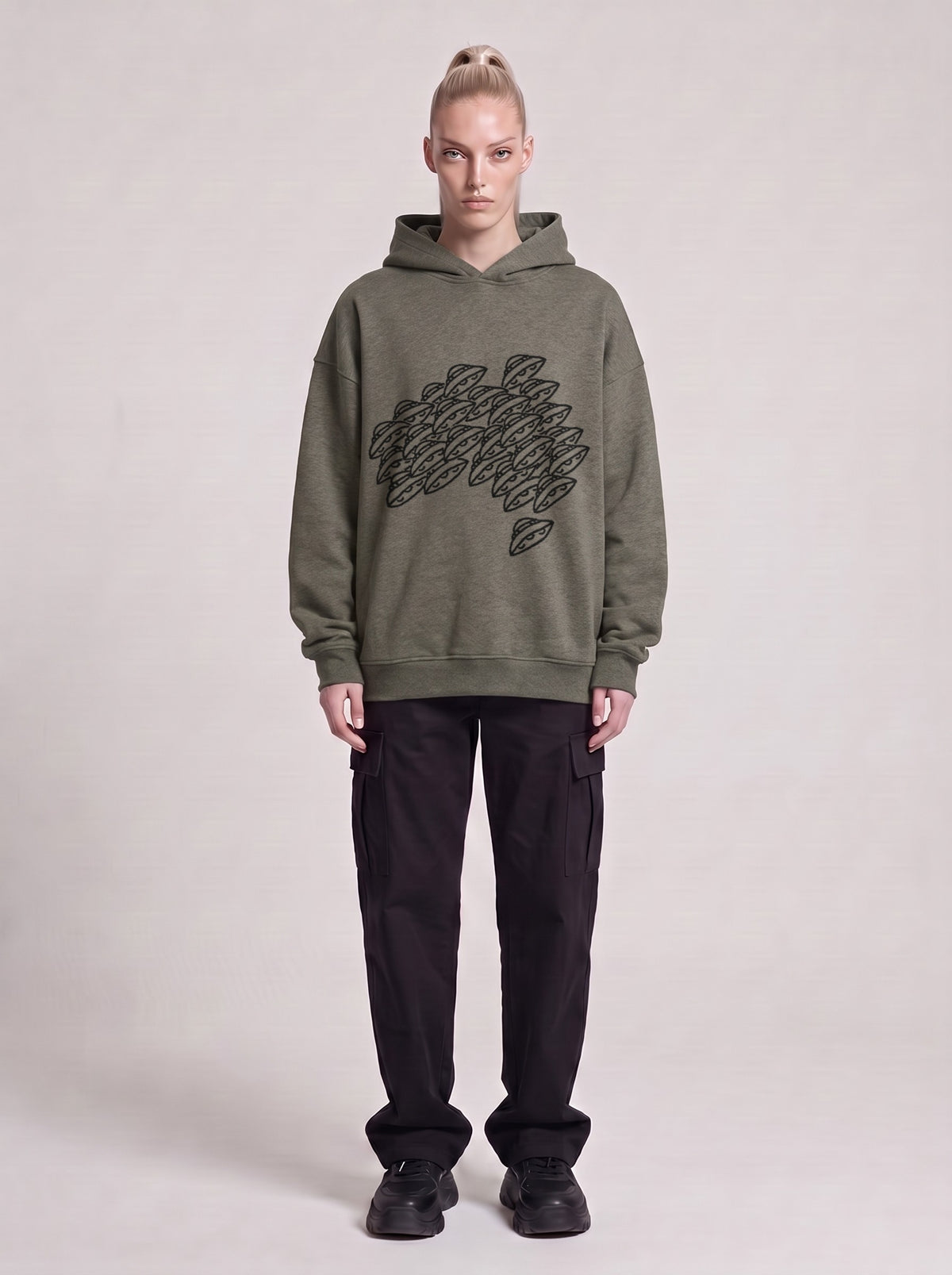 Saucer Fleet — Boxy Hoodie in Dark Gray, front, worn by male model